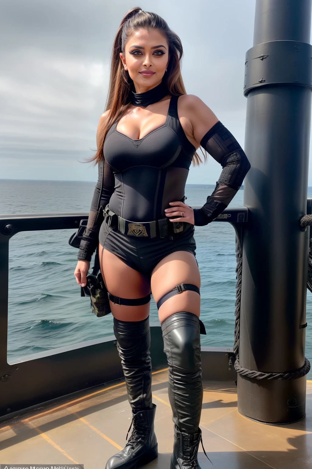 amerikanische frau, mit schwarzen haaren, 8k, Lachen auf dem Gesicht, Realistic 3D full body poster shot, mit (gelben BH), (gelber BH, kleiner slip), steht am hafen, schiffe, kein kleid, alleine, (alleine),