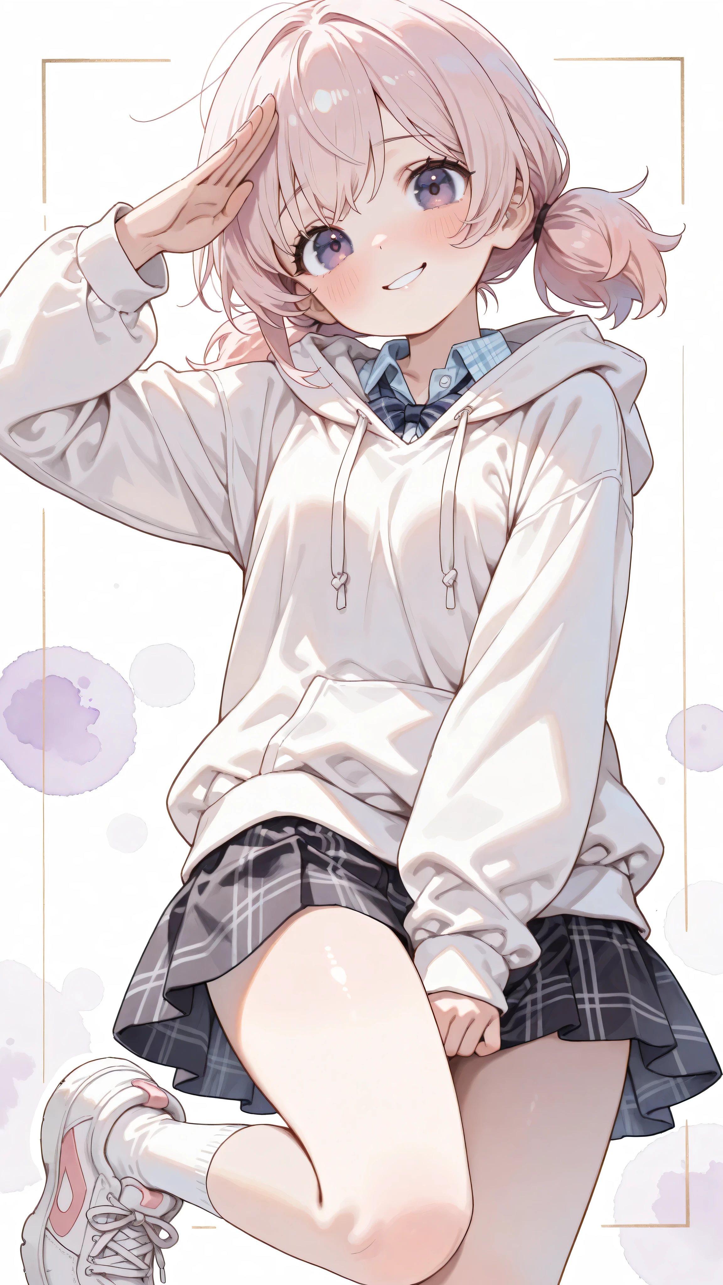 (masterpiece:1.2, highest quality), (Beautiful detailed eyes: 1.2), ((1 beautiful girl)), (Very detailed CG, super detailed), (very detailed and beautiful:1.1), (perfect details:1.1), ((watercolor))
((Highly detailed dark purple eyes)), Highly detailed face, ((light pink short twintails)), ((light pink hair)),((dark purple eyes)),((low-knotted twintails))
watercolor \(medium\),(pastelcolor:0.4),(sketch:0.4),1girl,blush,light blue collared shirts,plaid skirt,black skirt,((white background)),embarrassed,long sleeve covering hands,thighs,((very short skirt)),solo, accentuating thighs,hip,breast,oversized white hoodie covering thighs,white hoodie with light blue patterns,school uniform,((salute)),head tilt,((upper body)),square frame,((toe bent upwards)),white sneaker,white socks,smile,standing