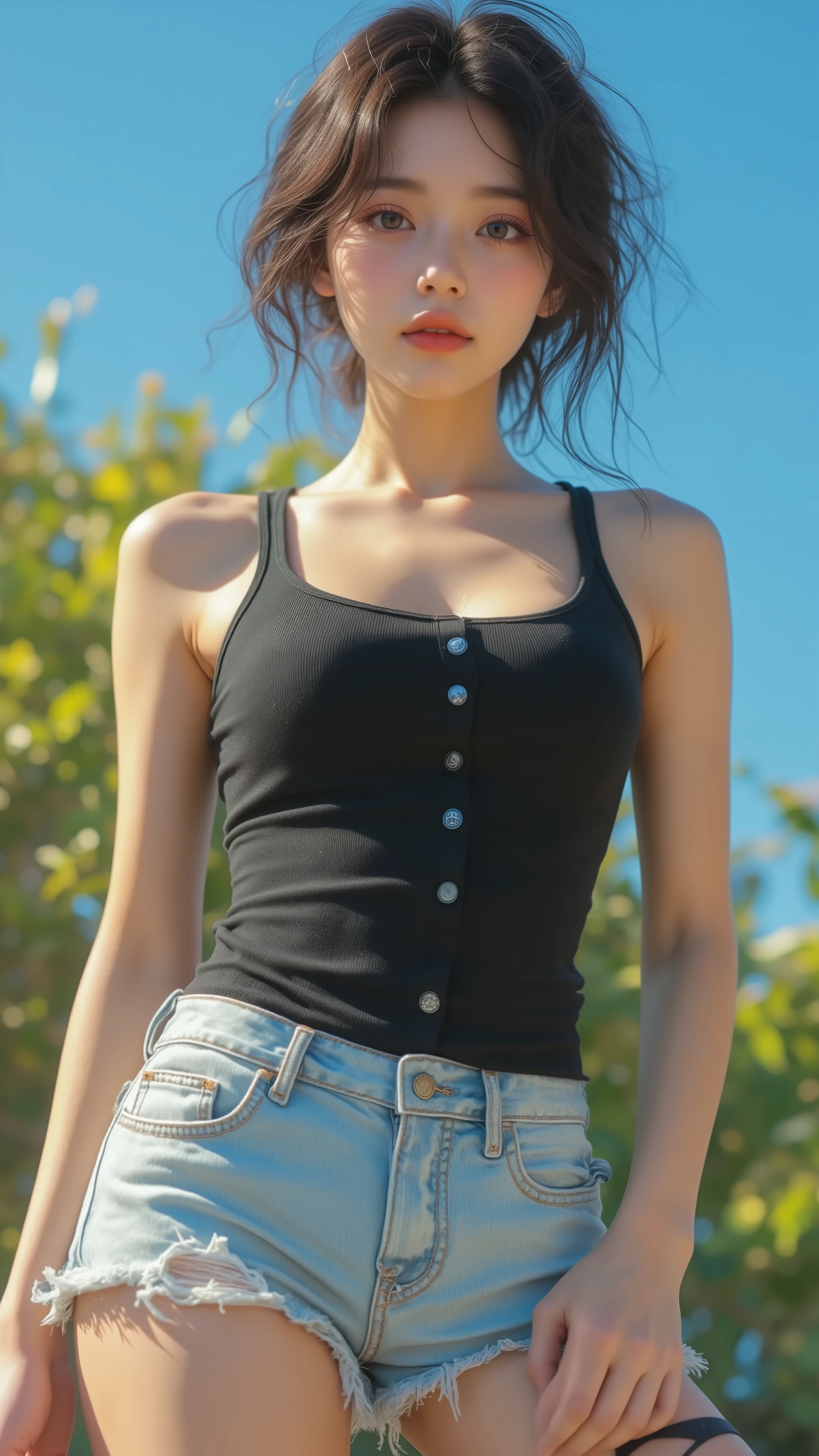 8k, masterpiece, highest quality,  Korea's Beautiful Women, Low-angle, close-up, dark hair, pulled-back, tank top, black, fitted, denim shorts, distressed, short, light wash, fraying, rips, thigh-high stockings, black, sunny, outdoor, blue sky, greenery.

