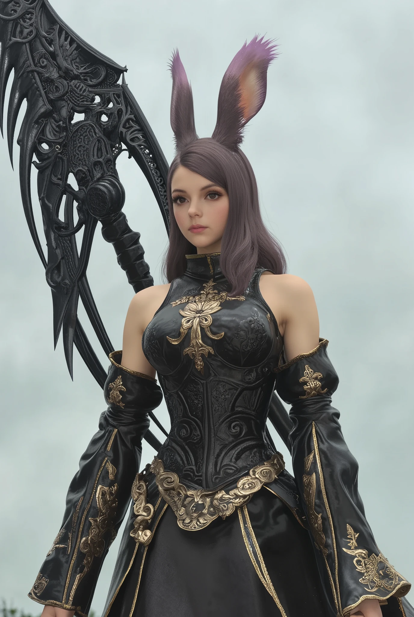 Woman with perfect body, Bunny The First Descendant Ultimate Skin, dressed in a colan sex and fitted to the body with white, black and chrome details and with her legs showing, in front of her full body, with eyes and mouth showing