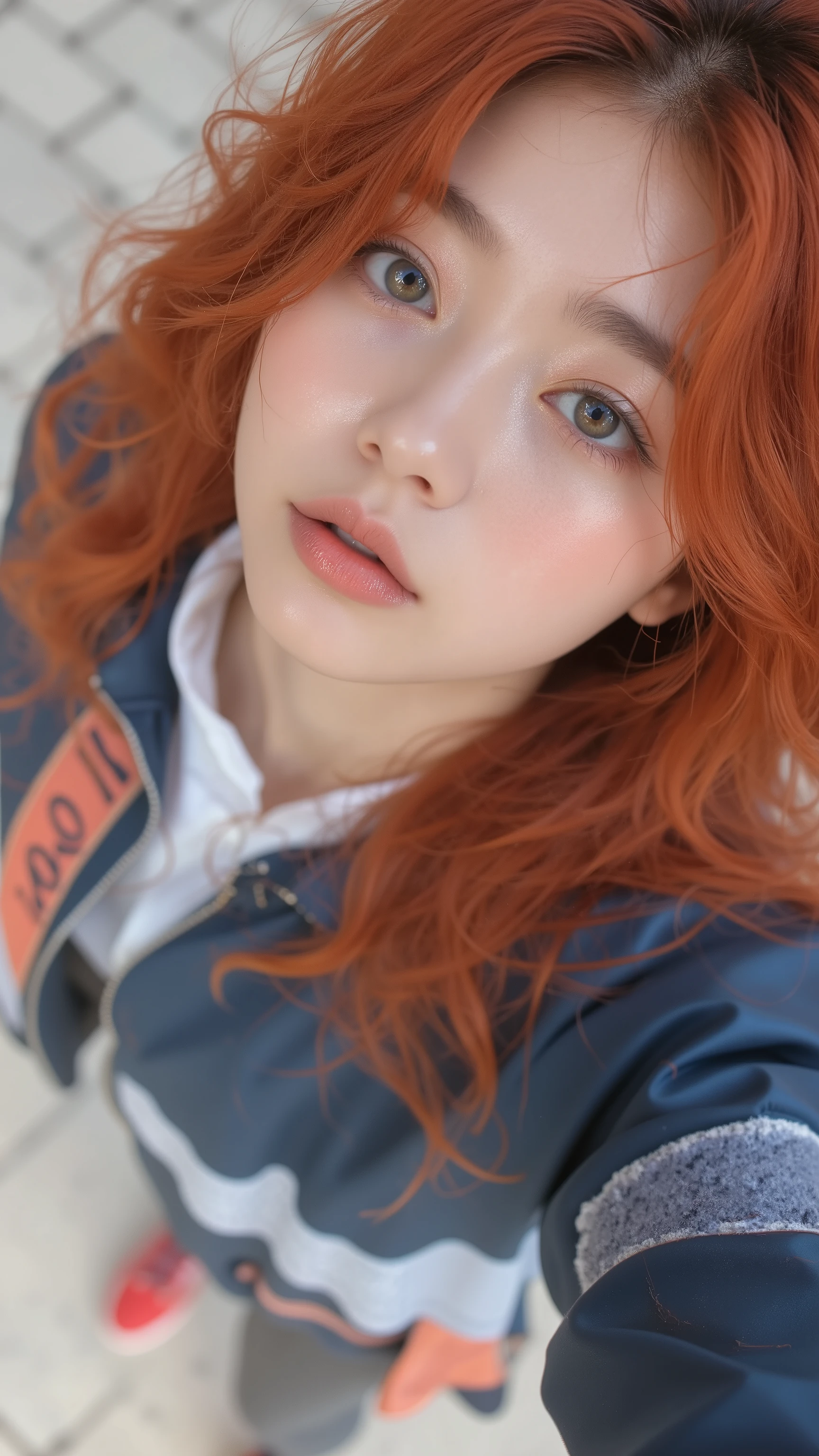 8k, masterpiece, highest quality, Korea's Beautiful Women, High-angle, from above, close-up, vibrant red hair, loose curls, surprised expression, light green eyes, subtle makeup, horizontally striped jacket, navy, light gray, white shirt, dark gray leggings, red sneakers, light gray paved surface, sidewalk, outdoor.