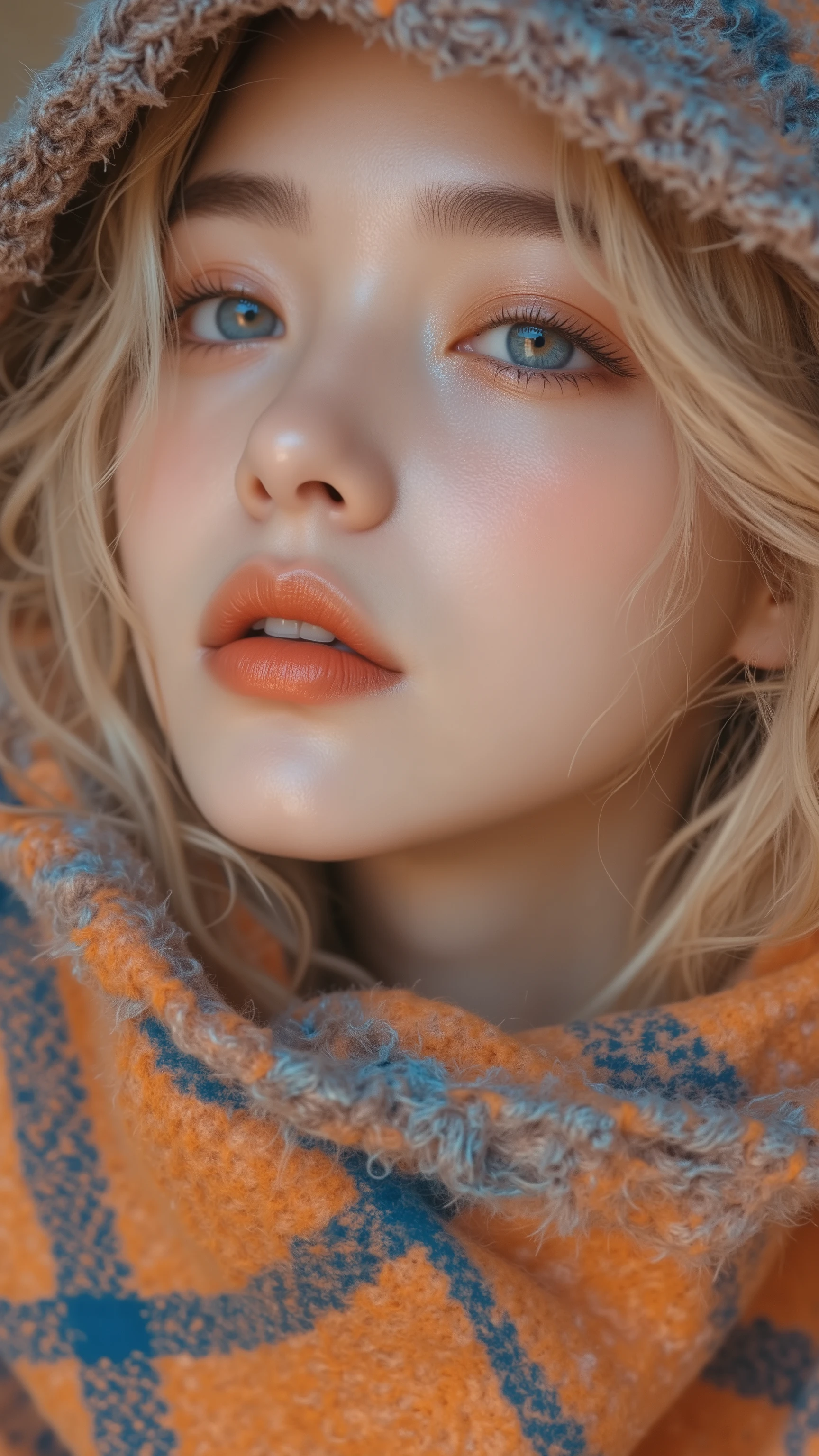8k, masterpiece, highest quality, Korea's Beautiful Women, Close-up, fair skin, blonde wavy hair, hooded plaid scarf, orange, blue, brown-orange, plaid pattern, blush, matte lipstick, orange-toned lipstick, light-colored contact lenses, serious expression, neutral expression, soft lighting, even lighting, soft aesthetic, dreamy aesthetic, artistic portraiture, no background.