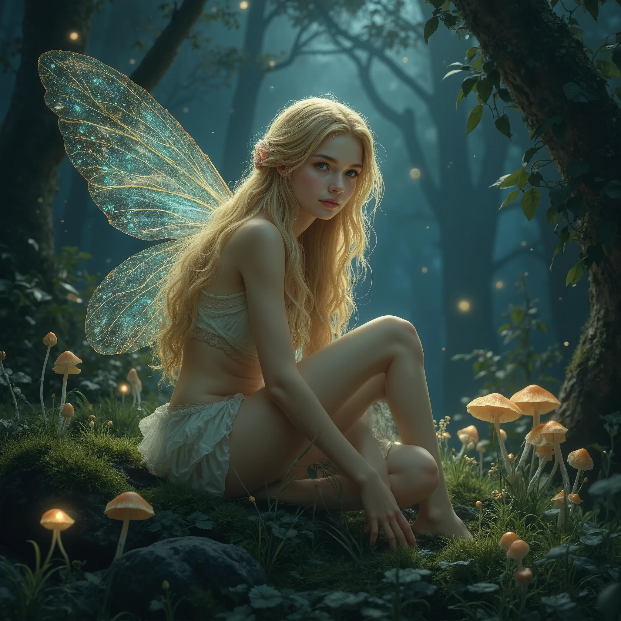 Night Fairy : The very pretty blonde age fairy, realistic face, surrounded by luminescent mushrooms and floating lights ,  is sitting on a rock in a nighttime and mystical landscape.