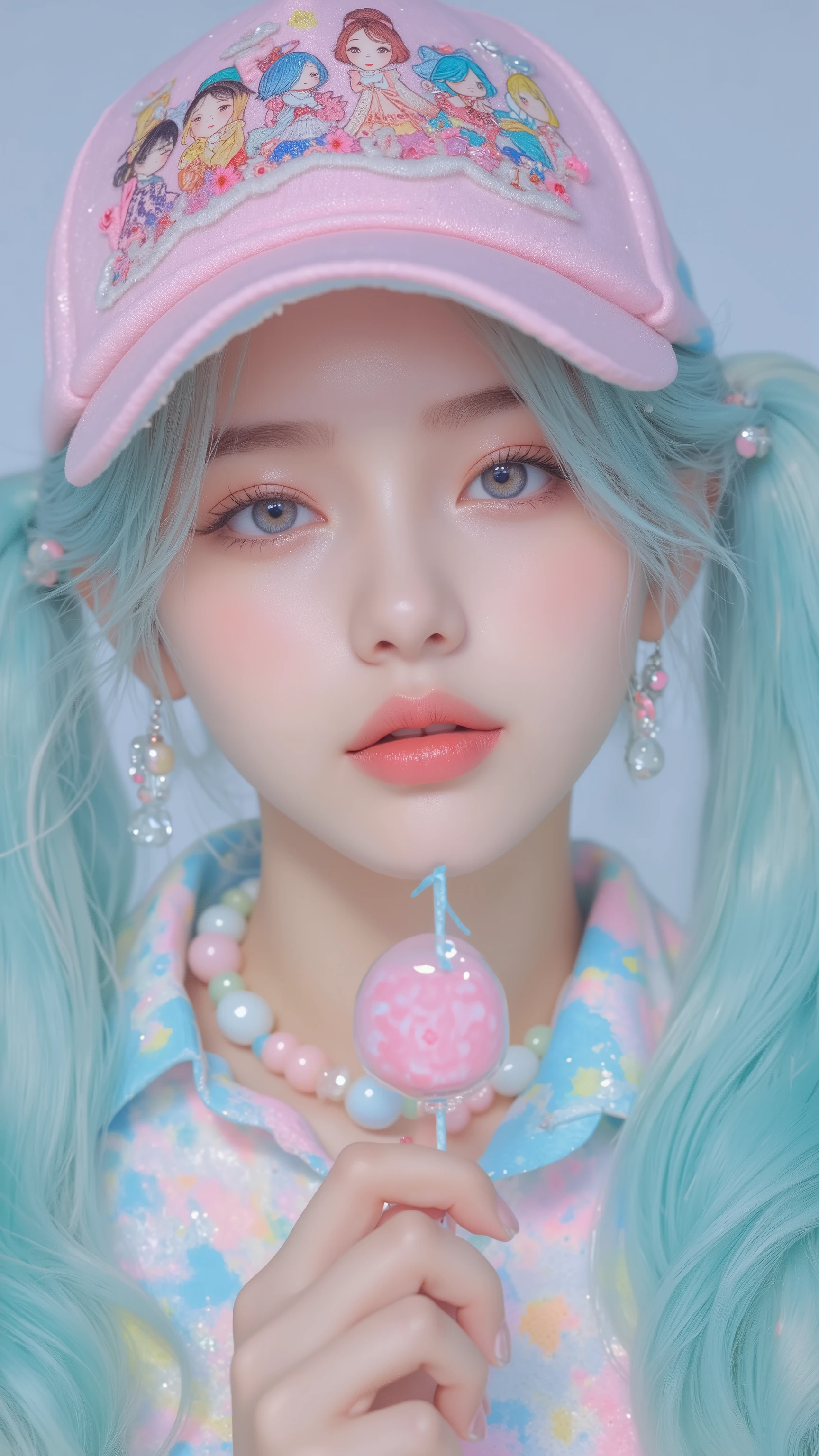 8k, masterpiece, highest quality, Korea's Beautiful Women, Young person with cyan blue pigtails, a pink baseball cap with cartoon characters, a pastel shirt, and pastel necklaces, holding a candy, cosmetic makeup trendy outfits like kawaii, y2k hairstyles and styles.