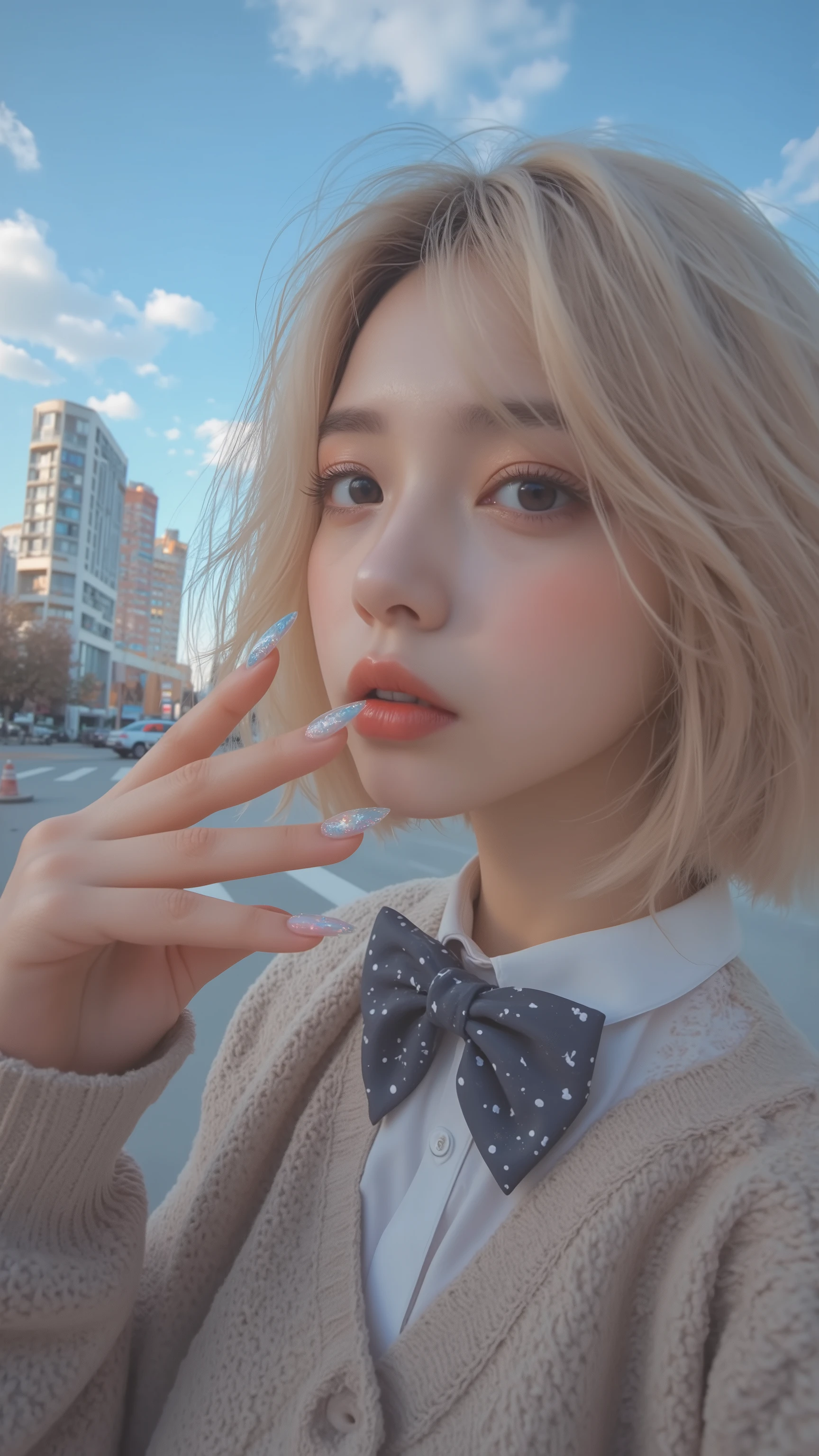 8k, masterpiece, highest quality,  Korea's Beautiful Women, fisheye, Low-angle, close-up, fisheye, blonde bob, dark eyes, light complexion, bold makeup, long decorated nails, oversized cardigan, school uniform, bow tie, urban background, city street, tall buildings, cars, crosswalk, daylight.

