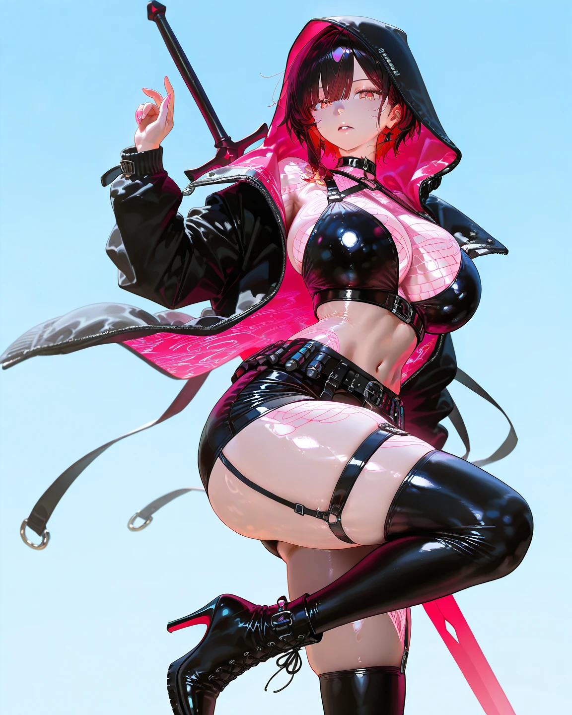 young girl, short pink hair, pink eyes, Pink Assassin's Clothes, open breasts, smirk, Masterpiece, hiquality