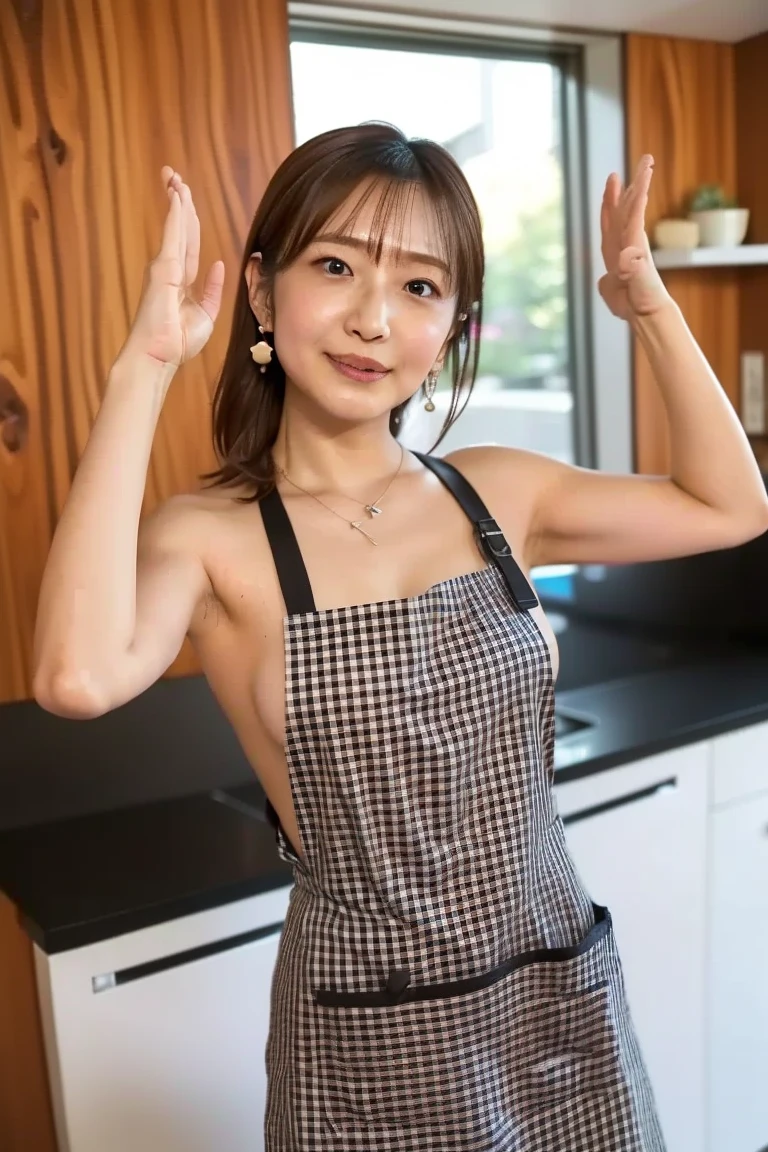 ((Ponytail girl in red and white plaid high-leg one-piece school swimsuit and maid top)),,Smiling,Boy in apron,Two standing,Kitchen