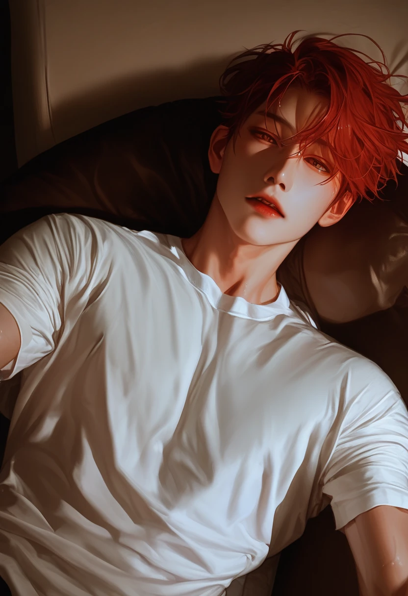 A male，  dark red hair， from the room ，On the bed，fitness， sit-up position on a chair sofa，Head perspective ，look up， Korean comic style ， young and energetic， Good condition ，Very handsome脸瓜子脸，White T-shirt，  White Skin， wet hairstyle  ， charming eyes ， Very handsome