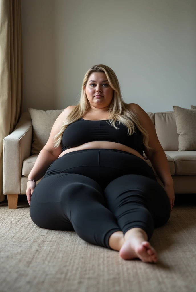 Highest quality, solo, Obese woman, gorgeous face, messy bun hair with bangs, tight t-shirt, yoga pants, sitting on a couch, she spreads her legs to let her belly hang, round swollen belly 