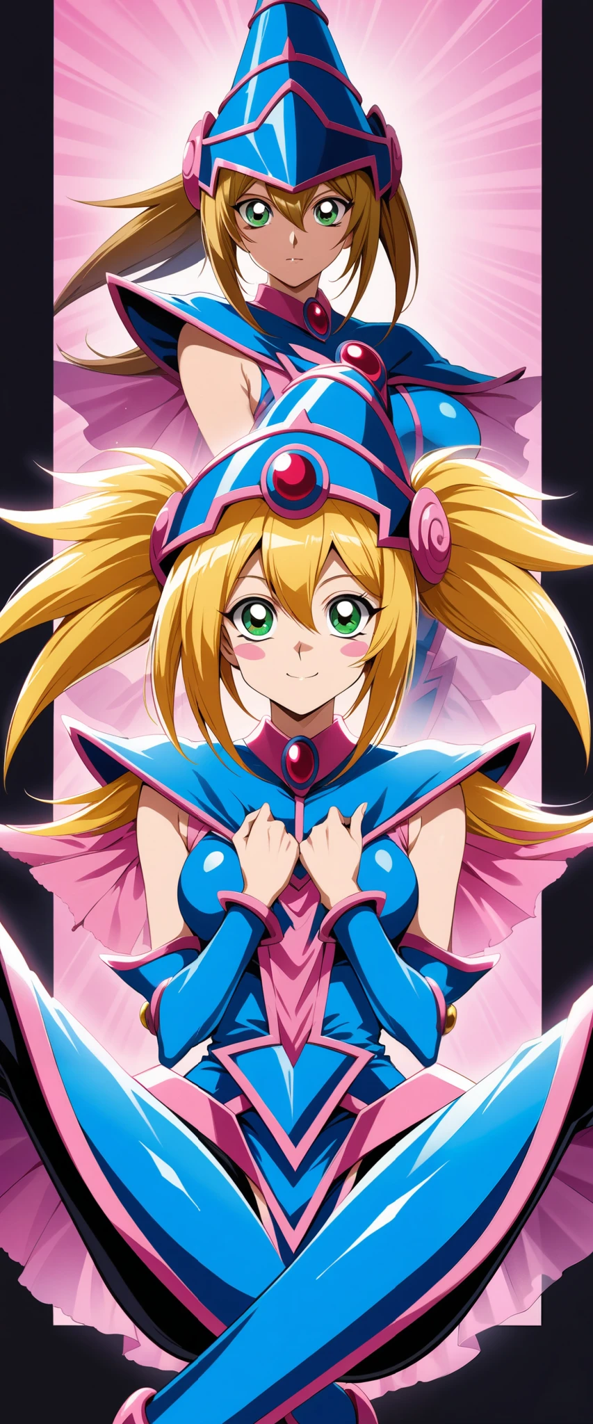 Dark magician girl NSFW, glass cover, upper body, side shot, alternate color, masterpiece, detailed illustration, lifelike, Pixiv top quality, exquisite, {{{Cute 1dark magician girl}}}, super beauty merging with the machine, elaborate shabby chic pattern, beautiful and shiny woman, half of my body is made of machine, transparent glass body, the machine inside is transparent, cinematic lighting, dynamic angle, dynamic pose, MAGIC World, depth of field. Magic macaw at the bottom. magic hearts showing your VOLUPTUOUS body, BIG TITS, BEAUTIFUL, SENSUAL, BLUSHING from head to toe, STROLLING THE CASTLE, SMILING PLAYING SEXY CROSSED LEGS, BLONDE HAIR INTERACTING WITH LUCID MAGIC , twin pigtails, Black background,colorful,vibrant, shiny outline ,neon,Blacklight,any pose, dynamic, Behavior