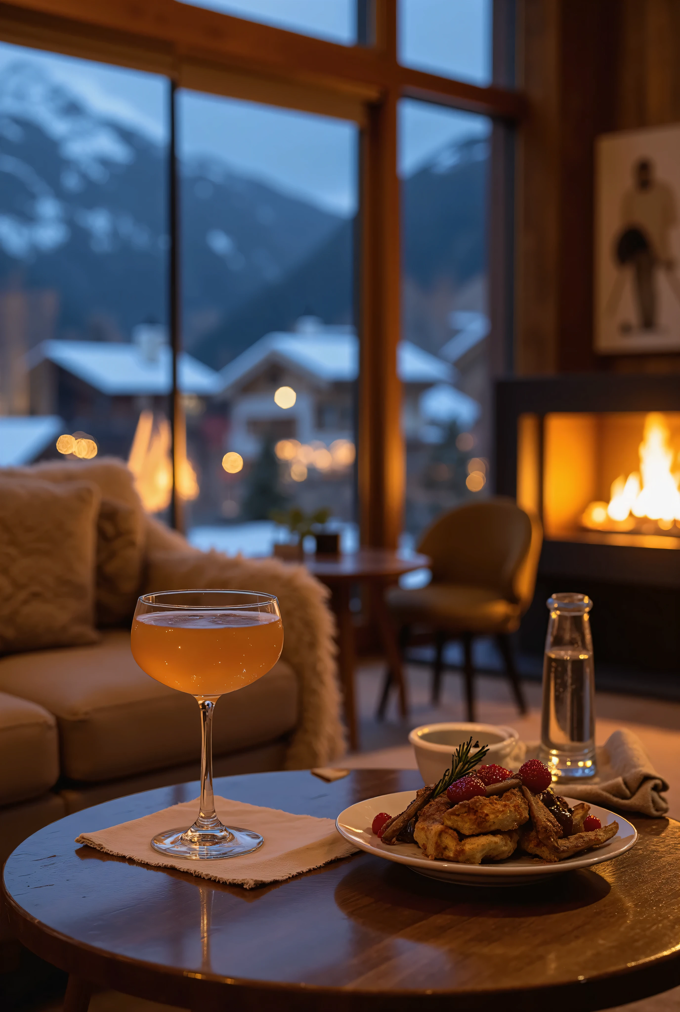 (masterpiece:1.3), (best quality:1.2), pov perspective relaxing in a stylish après-ski lounge in St. Moritz, a crackling fire glowing in a modern fireplace, plush fur throws and elegant decor, a cocktail and small gourmet plate on the table in front, warm golden lighting casting a cozy and luxurious atmosphere, large windows showing the snow-covered village twinkling at night, cinematic depth, ultra-detailed textures, Instagram-perfect 4k travel photography. (((NO PEOPLE)))