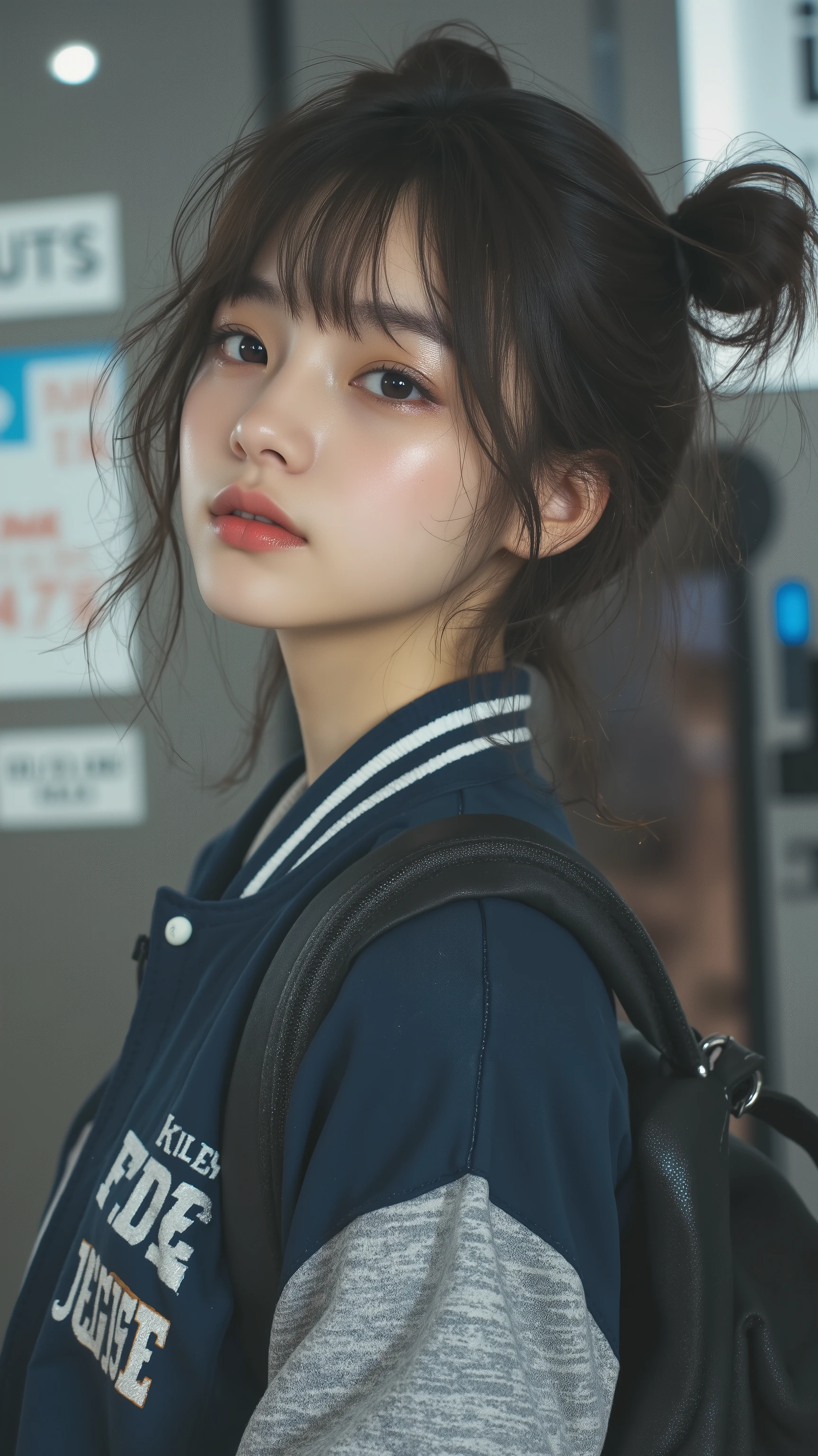 8k, masterpiece, highest quality, Korea's Beautiful Women, Close-up, slightly low-angle, young woman, dark hair, buns, bangs, straight, pleasant expression, reserved, camouflage jacket, varsity-style, dark blue, light grey, ribbed cuffs, hem, backpack, dark-colored, indoor setting, blurred background, signage, public place, soft lighting, diffused.