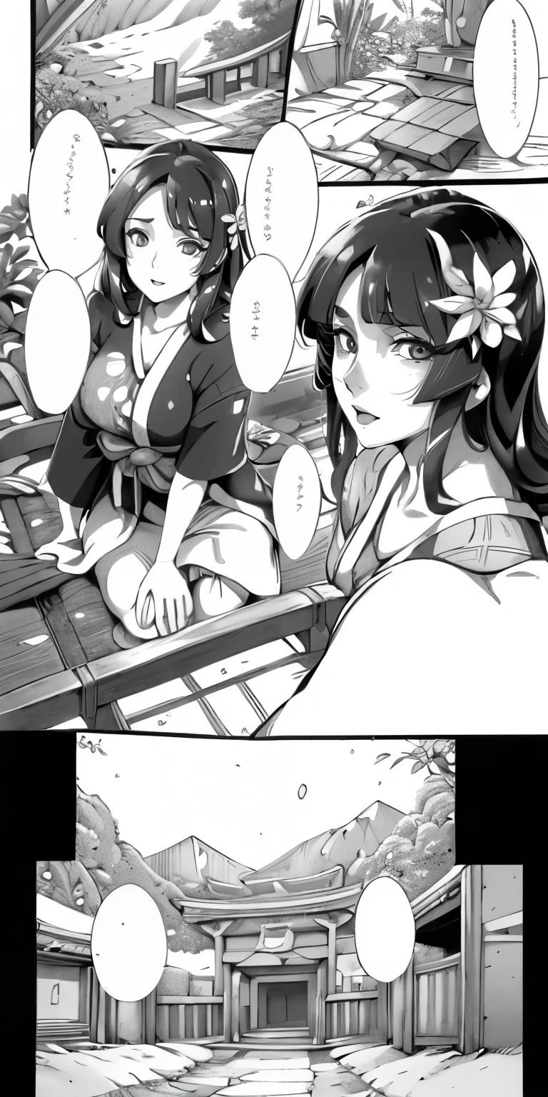 comic book, top quality, A beautiful woman , (Printed sexy short yukata ), wavy hair, big beautiful eyes , smile, with open lips , ( exquisite detail of sitting at a shrine in the suburbs, mountainous background with rich vegetation and flowers ), afternoon, Intricate Details , Soft tones, Clean lines , perfect illustration , Natural lighting, 8k