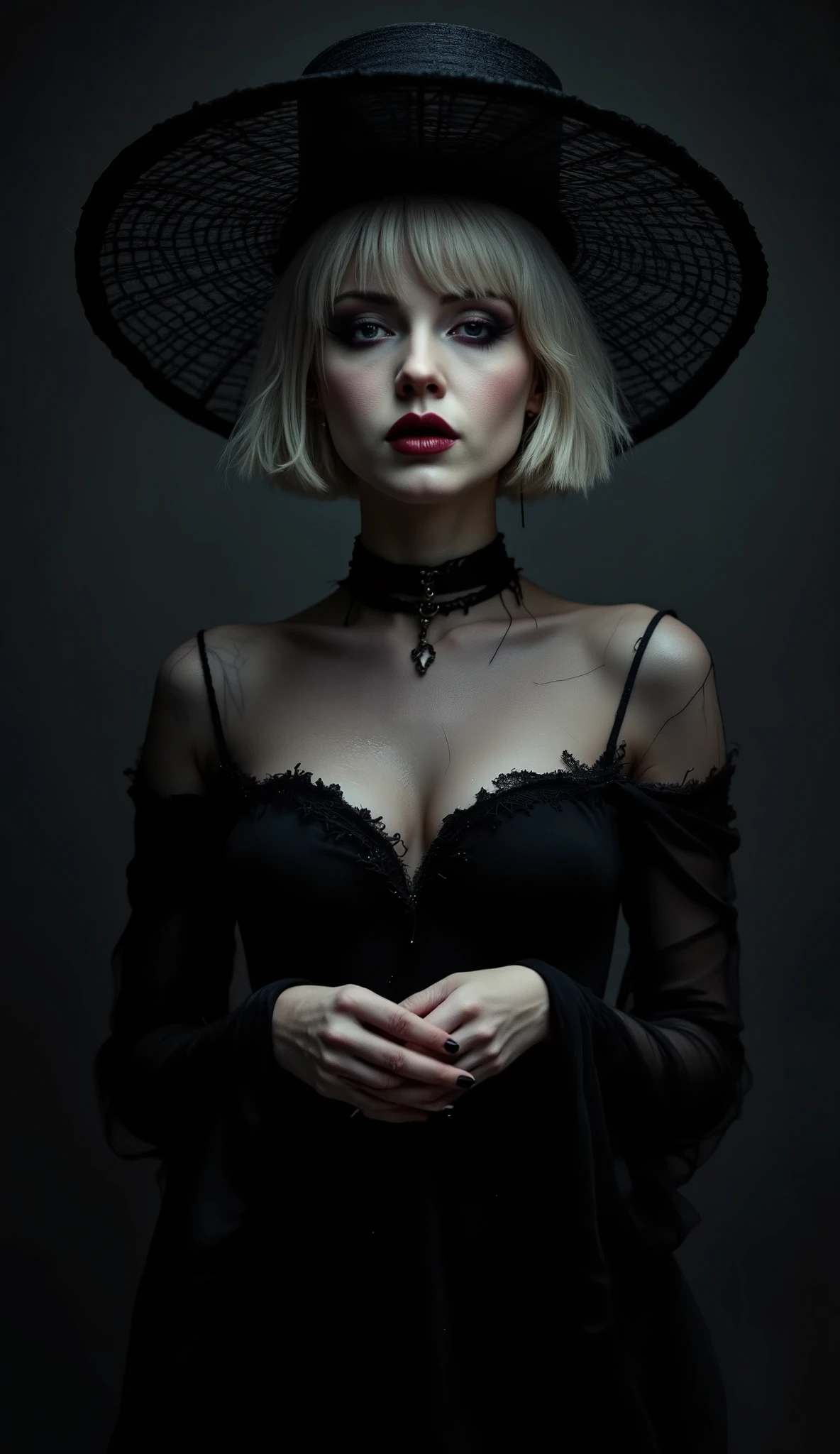 A woman stands poised in a dramatic and mysterious setting. She is dressed in a striking, avant-garde outfit that exudes a gothic elegance. Her short, platinum-blonde hair contrasts sharply with the dark, almost black, tones of her attire. She wears a large, wide-brimmed hat adorned with an intricate spider-web pattern, casting delicate shadows on her face. The hat adds a whimsical yet eerie charm to her appearance. Her sheer, form-fitting top reveals subtle hints of her silhouette, accentuated by a sleek black choker around her neck, which adds a touch of sophistication and edge.
In her hands, she holds a long, flowing piece of black fabric that cascades down like liquid darkness, enhancing the dramatic and theatrical aesthetic of the scene. The background is a smooth gradient transitioning from deep charcoal to midnight black, emphasizing her figure and the intricate details of her outfit. The lighting is soft yet directional, highlighting the textures of the fabric and the delicate patterns on her hat. The overall mood is enigmatic and slightly melancholic, with a sense of quiet confidence and allure. The composition is centered, with the woman positioned slightly off-center to create visual tension, and the perspective is close-up, focusing on her upper body and the intricate details of her attire. The style is a blend of gothic and contemporary fashion photography, with a touch of surrealism.