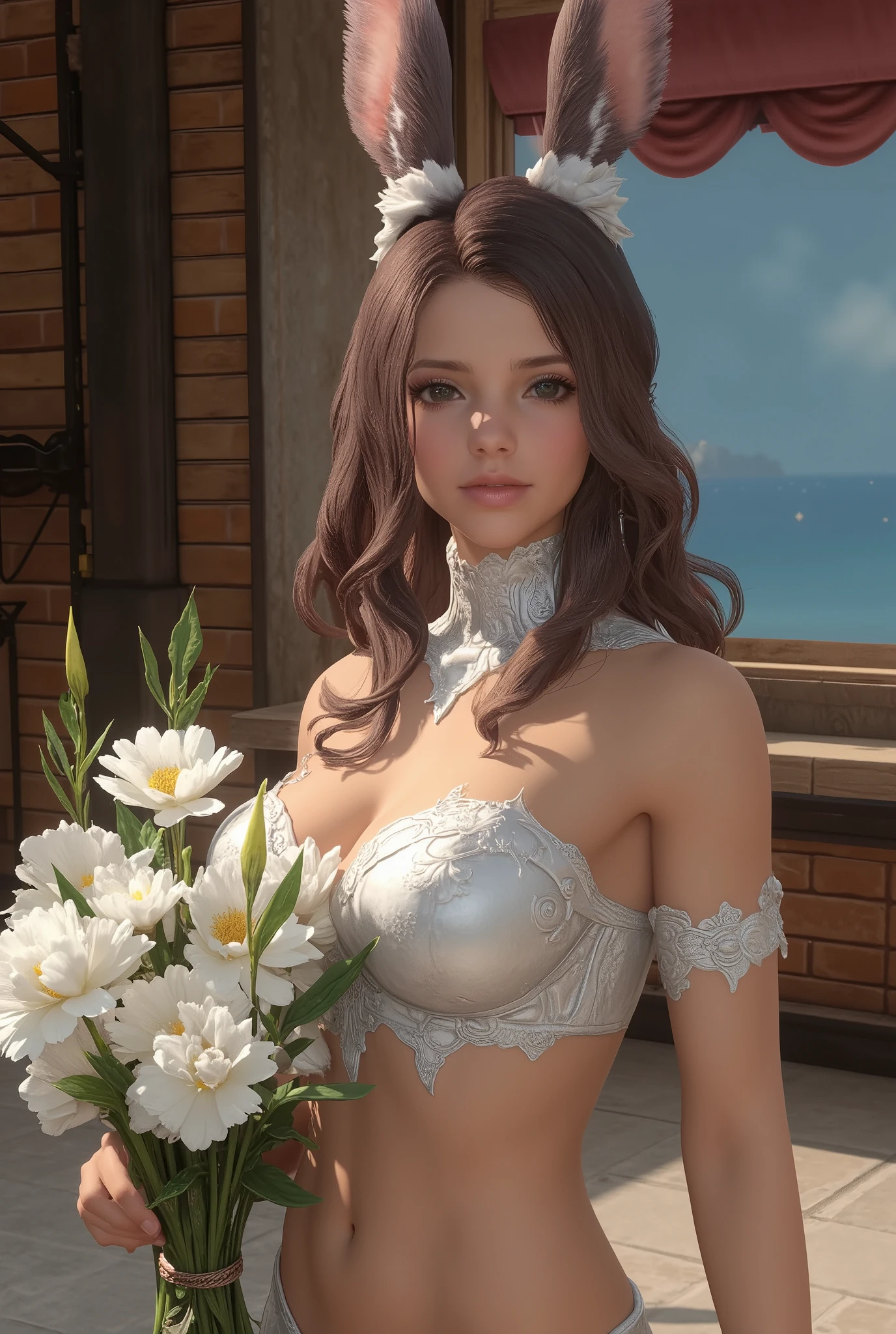 best quality, Super quality, 16k, unbelievably absurd, very detailed, 2.5D, delicate and dynamic, Kiri Reina female, enchanting smile , pure white sexy swimsuit, amazing style, bouquet, Steampunk, dieselpunk, clock punk , cyberpunk, Glitter effect。Sparkling Skin、Big Breasts、 deep cleavage