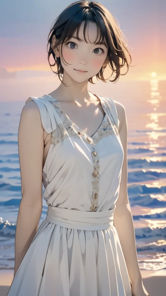 ((((masterpiece, best quality, high resolution)))), Extremely detailed 8K, Beautiful girl with voluptuous body, (Ultra HD, Ultra-detailed, Highly detailed, Highly realistic, Ultra-realistic, photograph realistic), (1girl:1.5), (Realistic black hair), (short wavy hair, earrings), (dynamic poses), facing at camera, looking at viewer, (blushing red, embarrassed, smile), (blue eyes, sharp eyes), (perky breasts:1.2), (beautiful detailed face, beautiful detailed eyes), ((off shoulder loose sundress, body silhouette)), (detail pussy), (walking:1.3), sweat, glow, (sunbeam, sunlight), ((cowboy shot)), beach, seductive