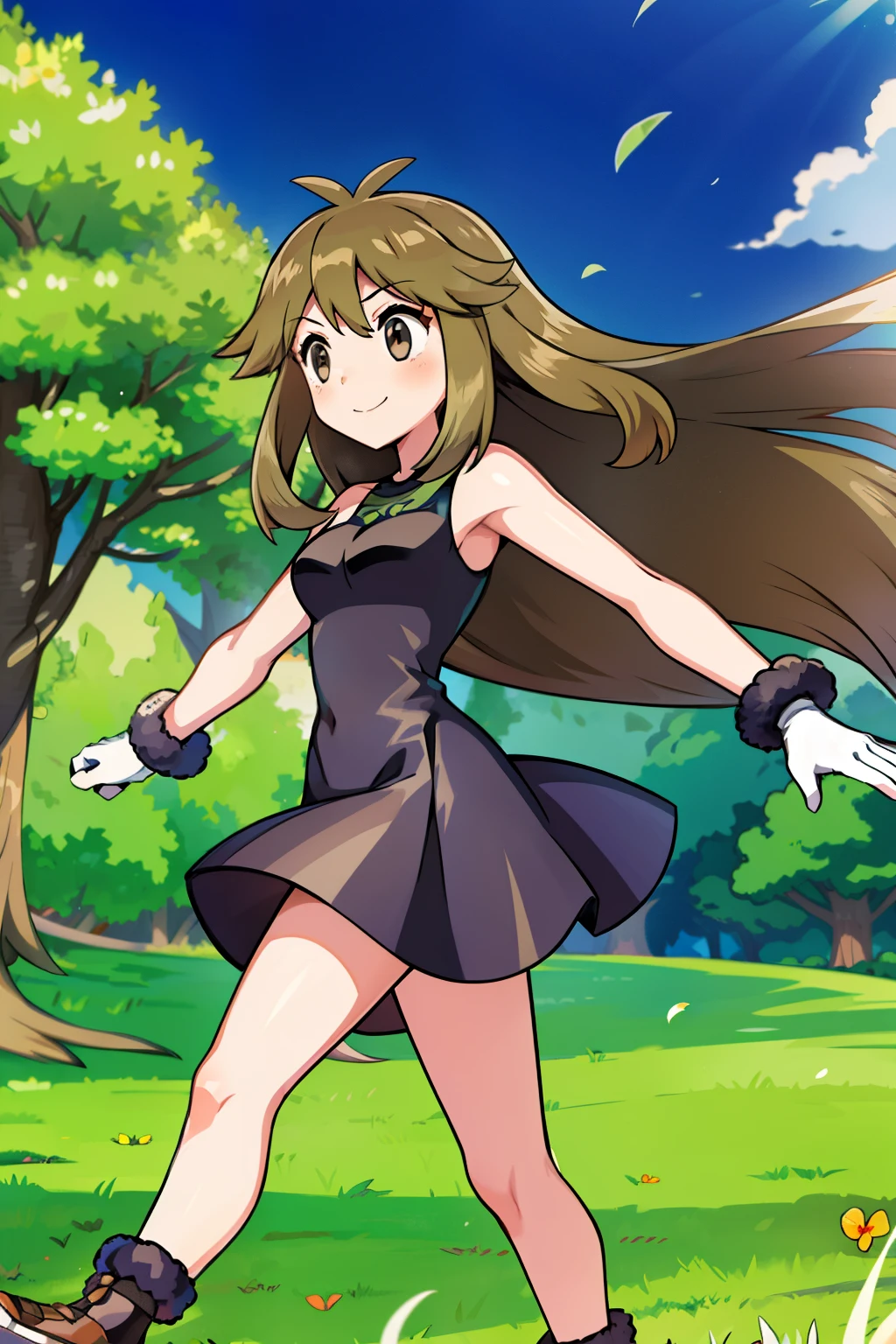 ( best quality)(Masterpiece)(pokemon leaf)(Plain、black sleeveless dress,1.6)girl full body shot,Distant view、side view,park,(White gloves:1.2),(girl, dark orange-bronze hair, long hair,hairs between eyes,swept bangs,hair,:1.2)(cuddle:1.2) flipped long hair 先端(medium breast)(black eyes)  1girl   ,great joy,cheerful、powder light, long hair fluttering in the wind 、Girl with a fluttering skirt,walking, with one foot stepping forward, maintaining a natural stride,smile