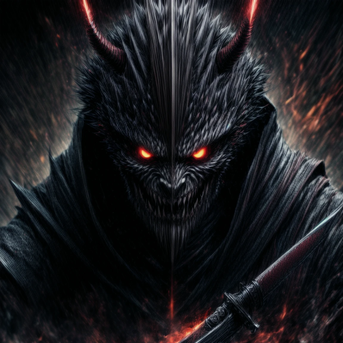 detailed illustration of a demonic mask. The mask has an intricate design with lines and textures that seem to imitate the appearance of carved wood or bone. The eyes are large and dark, with an intense and threatening look. The mouth is open in a sinister smile, revealing a row of sharp teeth. The characteristics of the mask, such as pointed ears and ornamental patterns, They give it a terrifying and supernatural appearance. The illustration conveys a feeling of malevolence and mysticism. black and white colors