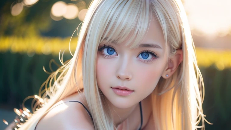 Extraordinary sexy beauty、Beautiful, A kind and bright expression、Sexy and refreshing look、Perfect beautiful pretty face、Super long ponytail、bangs over eyes、Hair on the face、Super long, natural platinum blonde straight hair with a mysterious shine、Beautiful facial hair、Very cute beautiful sexy young little woman、So perfect and beautiful, pretty face、Big Breasts, Very beautiful, bright blue eyes,、Very white, youthful and bright skin、Small Face Beauty、Round face