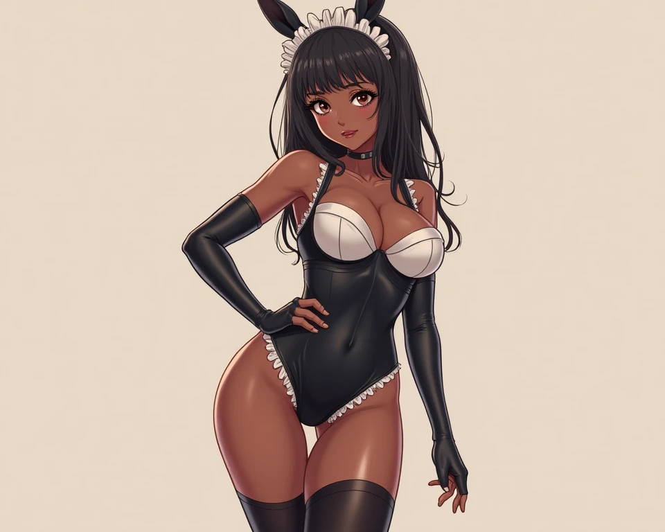 nsfw,1girl,Solo,Androgynous,(reverse outfit:1.5),playboy bunny,big breast,black hair,red eyes,medium hair,sidelocks,(cowboy shot),(tight skin),straight-on,standing,masterpiece,best quality,very aesthetic, absurdres,Cameltoe,(Fishnet tights bodystocking),(nude)