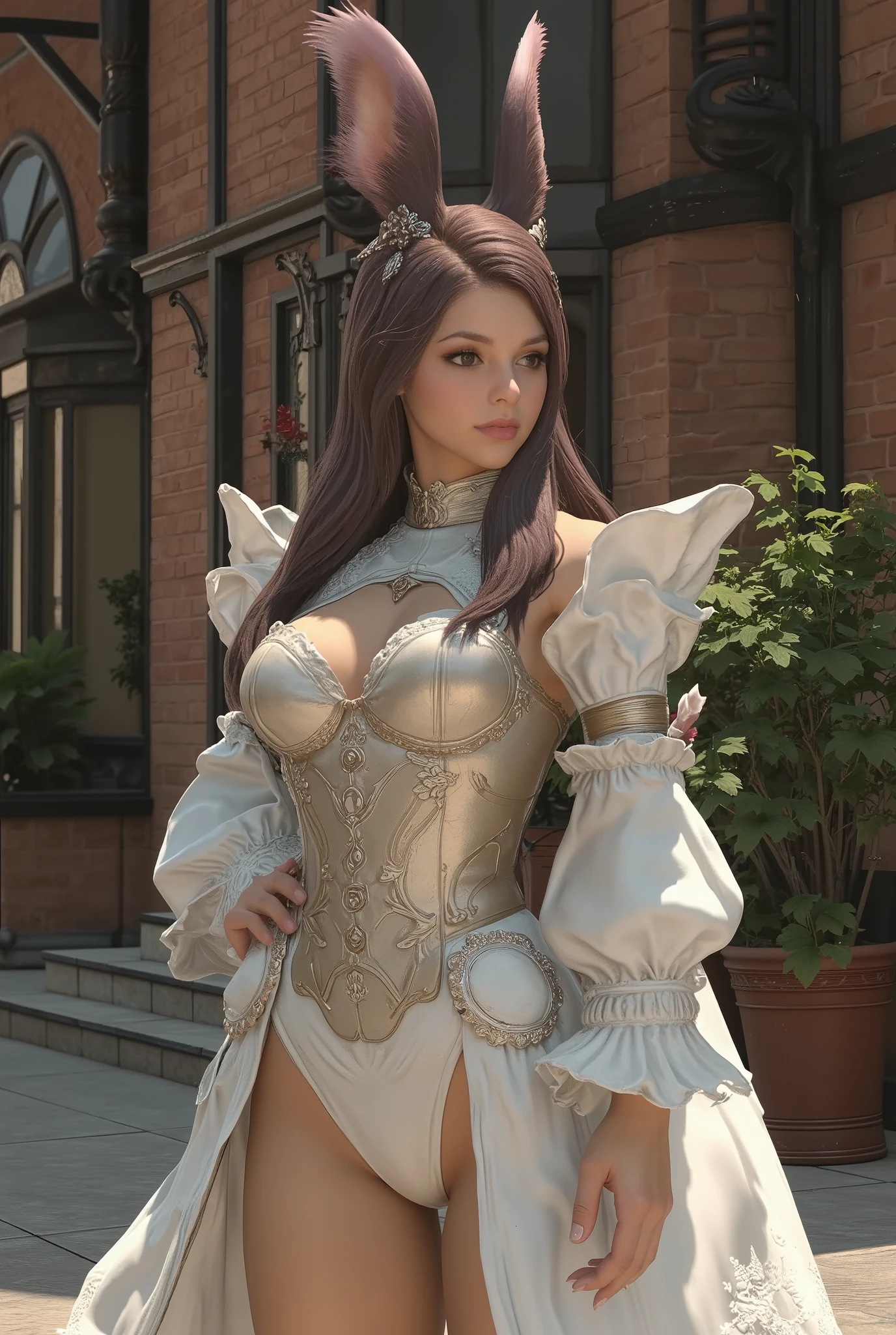 best quality, Super quality, 16k, unbelievably absurd, very detailed, 2.5D, delicate and dynamic, Kiri Reina female, enchanting smile , pure white sexy swimsuit, amazing style, bouquet, Steampunk, dieselpunk, clock punk , cyberpunk, Glitter effect。Sparkling Skin、Big Breasts、 deep cleavage
