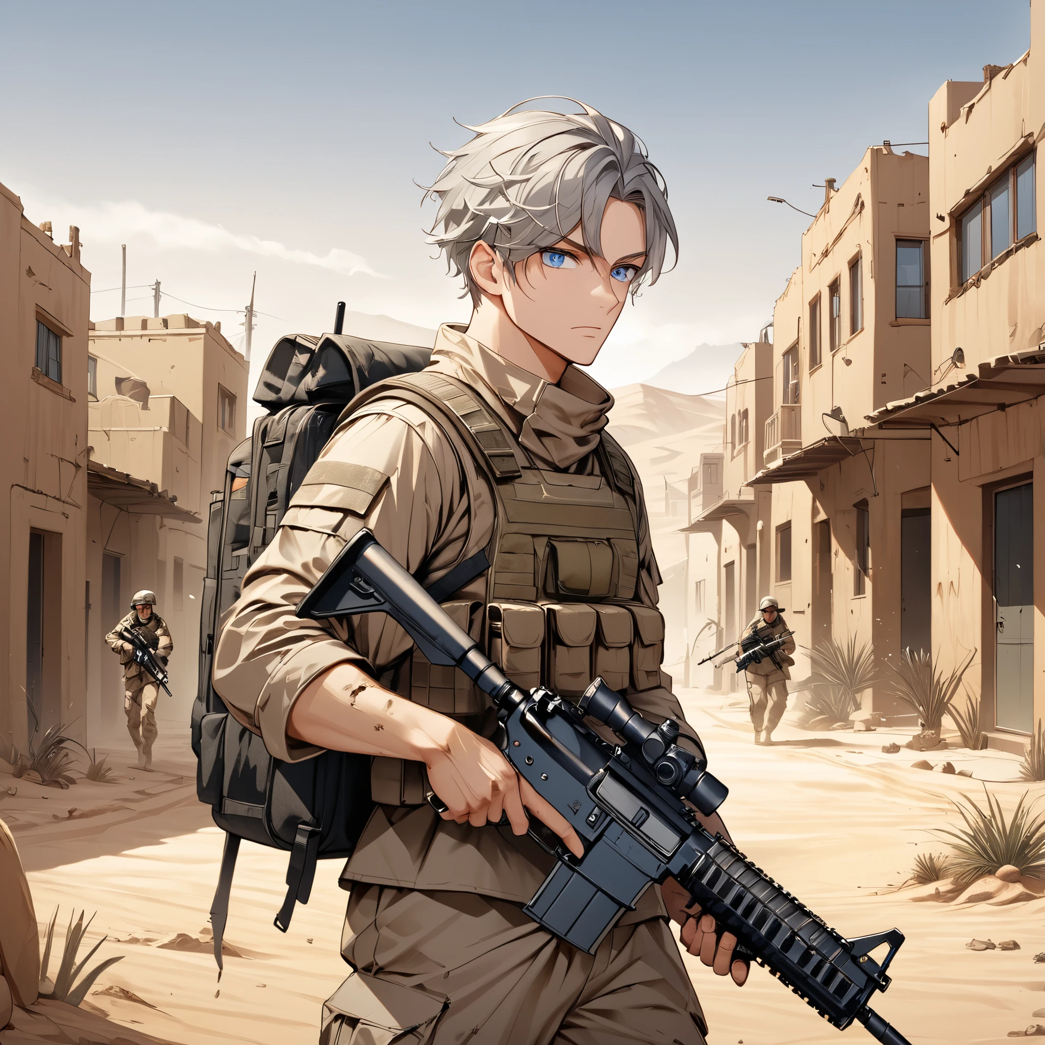 Adult_Male_Soldier, Medium length wavey Grey hair , Blue eyes, Dirty, Desert Military outfit, Backpack, Holding an M4 Assualt Rifle, Desert Town, War
