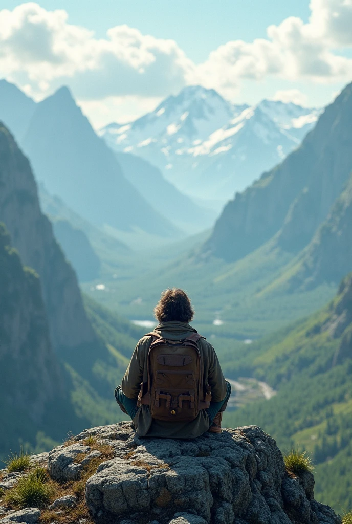 a detailed shot of a person’s hands adjusting the straps of their backpack, with rugged mountainous terrain and wildflowers in the foreground, symbolizing the preparation and readiness for adventure