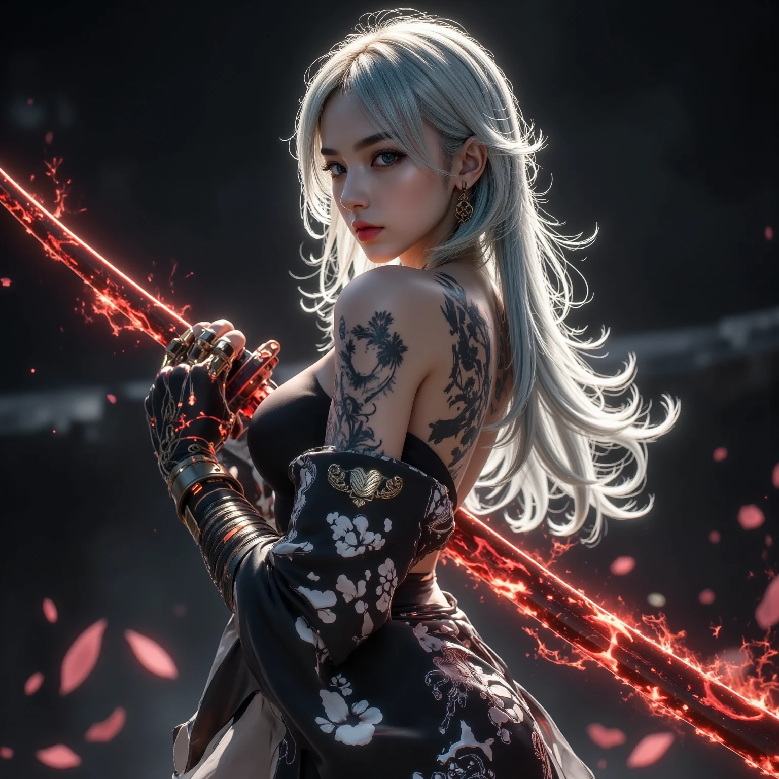 vibrant colors, female, masterpiece, sharp focus, best quality, depth of field, cinematic lighting, white hair, red eyes, braid, dress, long hair, red eyes, tattoo, earrings, jewelry, black dress, hair ornament, bangs, chinese clothes, breasts, china dress, sleeveless, 