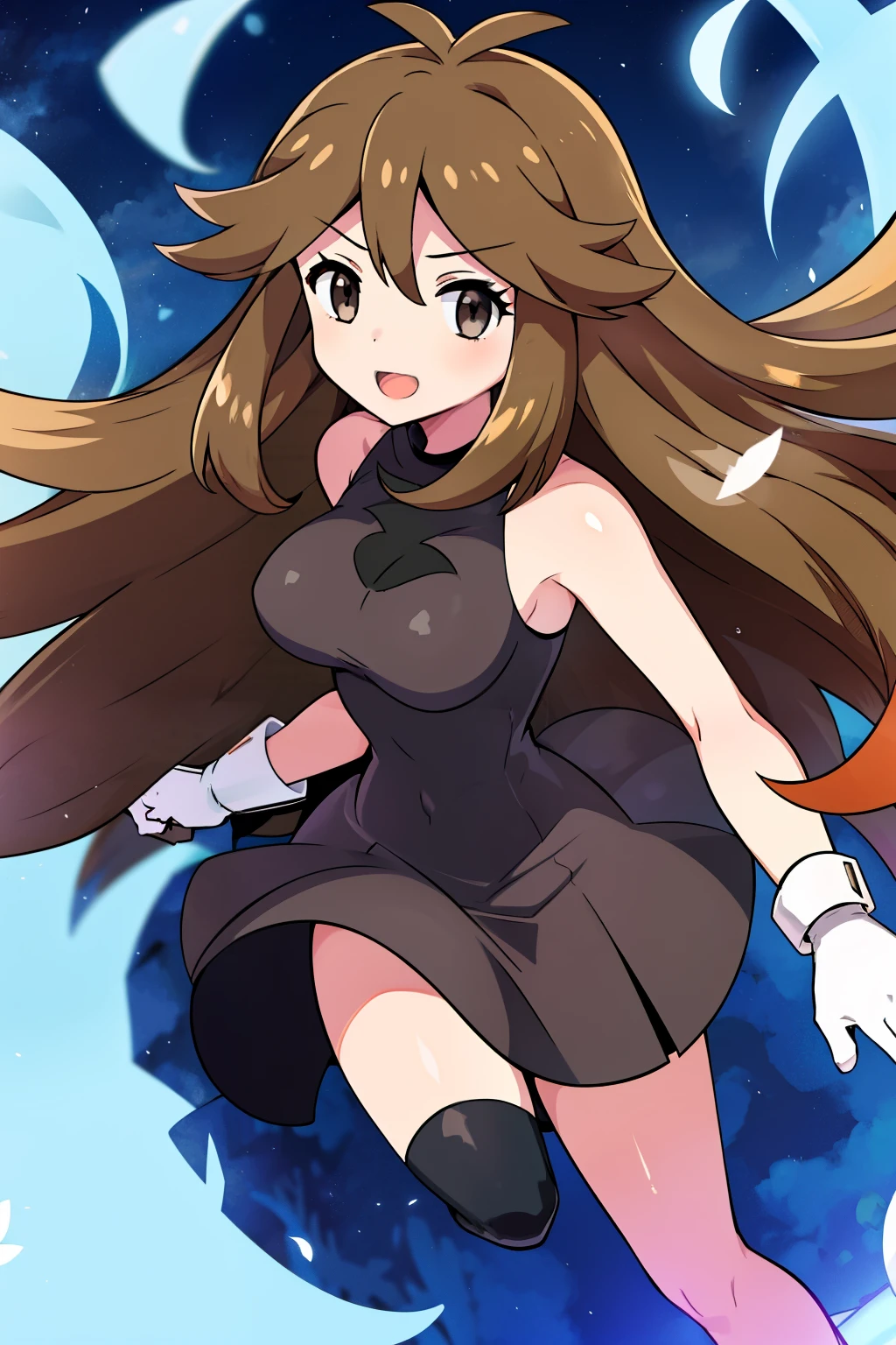 ( best quality)(Masterpiece)(pokemon leaf)(Plain、black sleeveless dress,1.6)girl full body shot,(White gloves:1.2),(girl, dark orange-bronze hair, long hair,hairs between eyes,swept bangs,hair,:1.2)(cuddle:1.2) flipped long hair 先端(medium breast)(black eyes)  1girl   ,great joy,cheerful、powder light, long hair fluttering in the wind 、Girl with a fluttering skirt, dynamic pose ,sexy pose