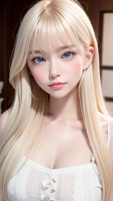 Portrait、、Bright expression、Young, lustrous, glowing, white skin、The best beauty、Blonde reflection、piper peri , Platinum blonde hair with dazzling highlights、Shiny and shiny hair,、Super long silky straight hair、Shiny beautiful bangs、Big, bright, light blue eyes that shine beautifully、Very big eyes、Very beautiful nice cute 15 year old beautiful girl、Ample Bust、The skin is delicate,Head up,Sweat,Interrupt),the dress is dripping,super low neck dress,No underwear,Pantyless,Water spray、bangs over eyes、片bangs over eyes、Bangs between the eyes、Small Face Beauty、Cheek gloss highlighter、Small Face Beauty、Round face, high ponytail hair,