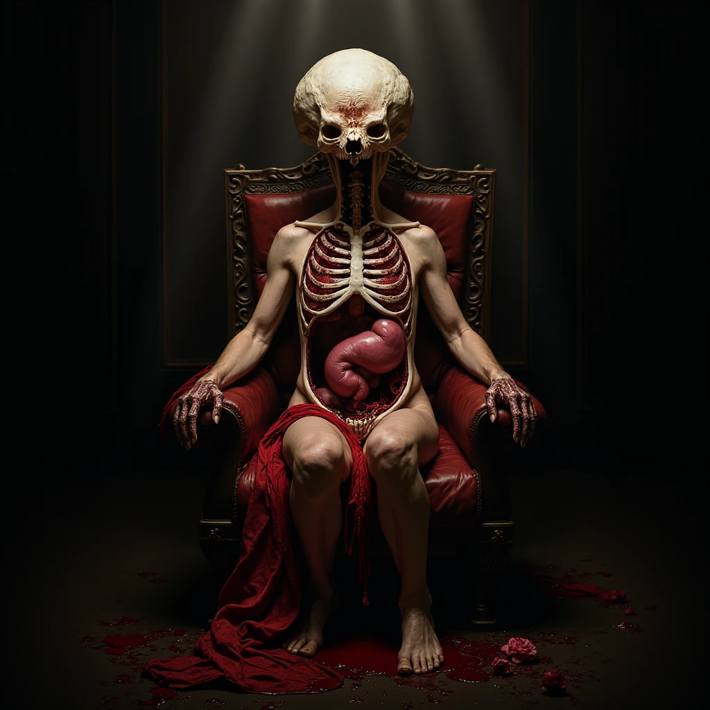 (ultra - detailed, A high resolution, Best quality at best, actual:1.37), Blood-red skull, Bone structure, full-body portraits, The presence of demons, fleshy texture, Surreal art, vivd colour, dramatic lights