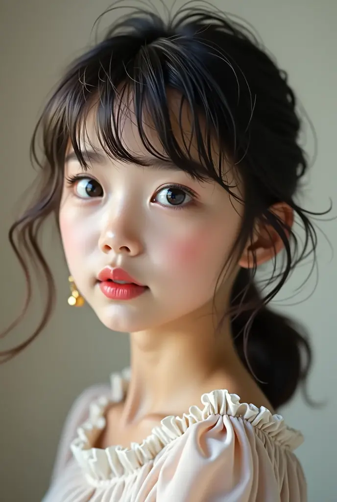 Make a picture of a  Vietnamese girl, 1m53 tall, wearing glasses. ,have a mole under left chin, monolid eye,French bangs,cute dumpling cheeks,lower lip thick upper lip slightly thinner,khuôn mặt tròn dễ thương
