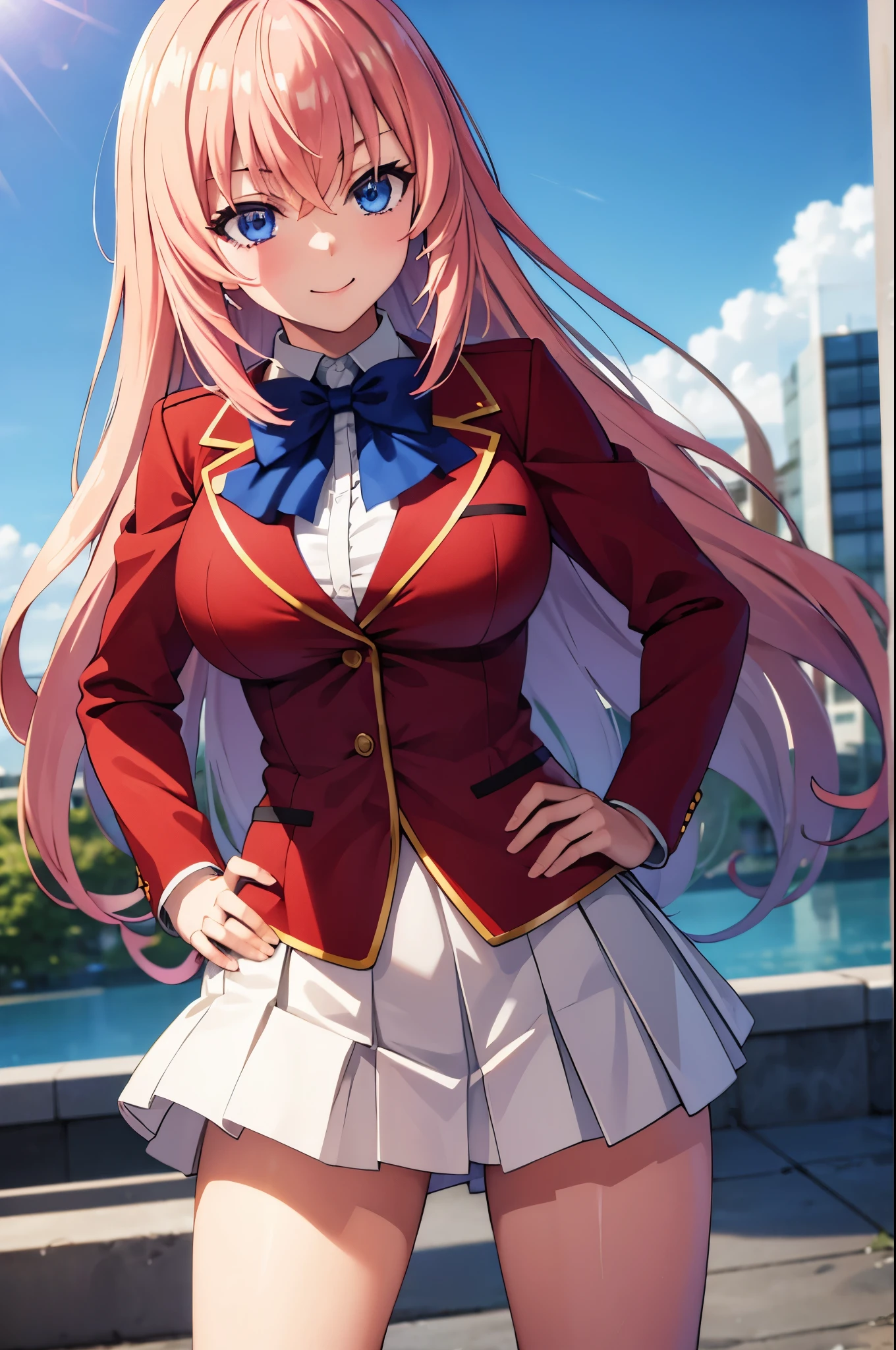 (masterpiece:1.3), (best quality:1.1), (8k, ultra detailed, ultra high res:1.2), ((anime style)), perfect 5 fingers, perfect anatomy, hand on own hip, standing,
1girl,
Ichinose honami \(youjitsu\),
long hair, pink hair,
blue eyes, blue bow, large breasts,
red jacket, long sleeves, white skirt, pleated skirt, black calf socks,
BREAK looking at viewer,
cowboy shot, perfect light, BREAK (detailed background:1.2), outdoor, outside, city, sky, sun, smile