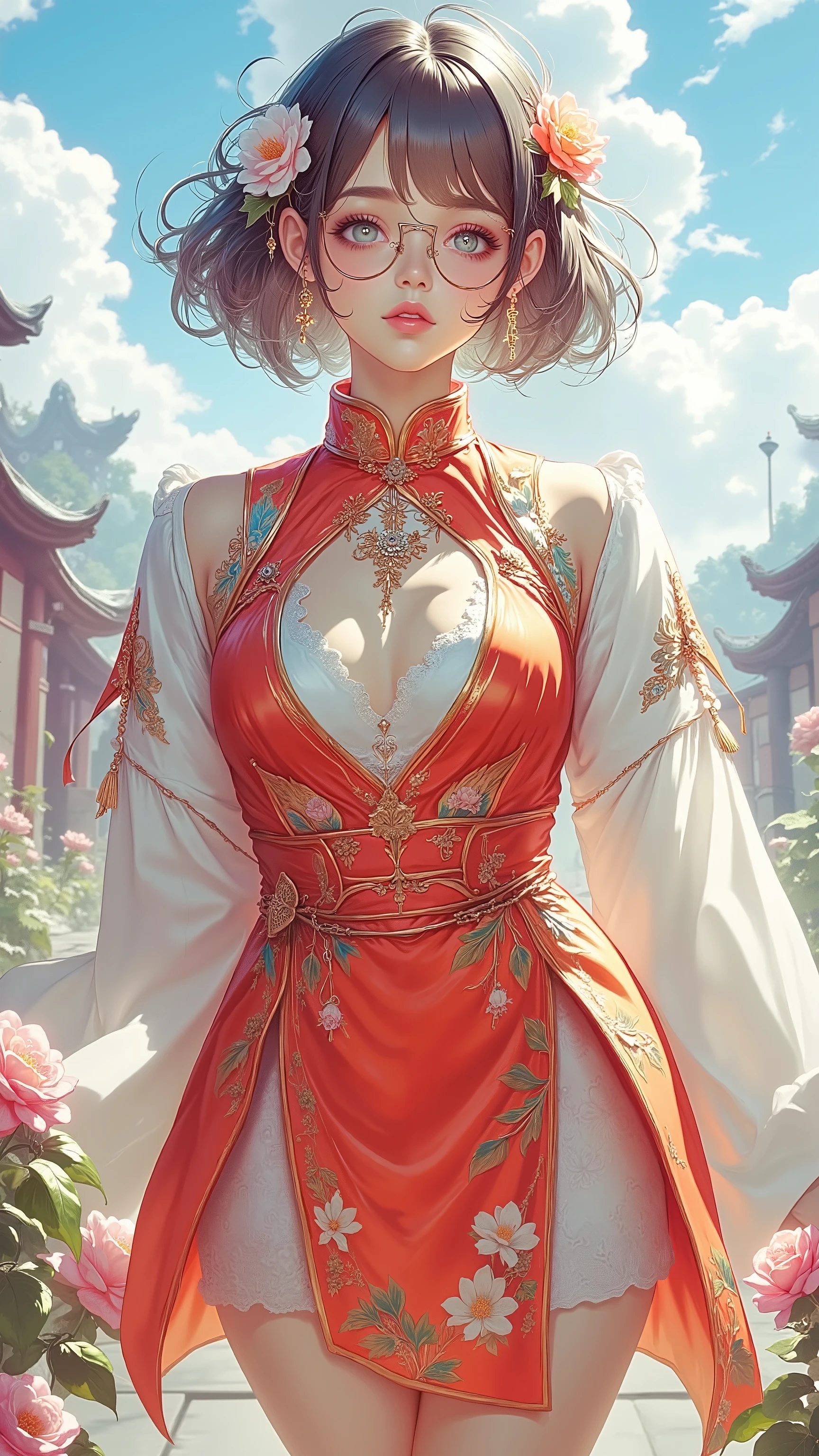 Masterpiece, highest quality, super detailed, 16k, retina, fantasy poster, fantasy background, digital artwork, professional lighting, anatomically correct, perfect body details, (1 woman, full body, five fingers, correct number of fingers and arms, beautiful and lustrous short bob hair, camellia hair accessory, twill earrings, round glasses, beautiful narrow blue eyes, big breasts, cleavage, one-piece dress with a Chinese mini dress arrangement, low neckline, cleavage, decorated with camellia flower pattern, wearing red Taoist uniform with large hem, sexy garter stockings, full body)