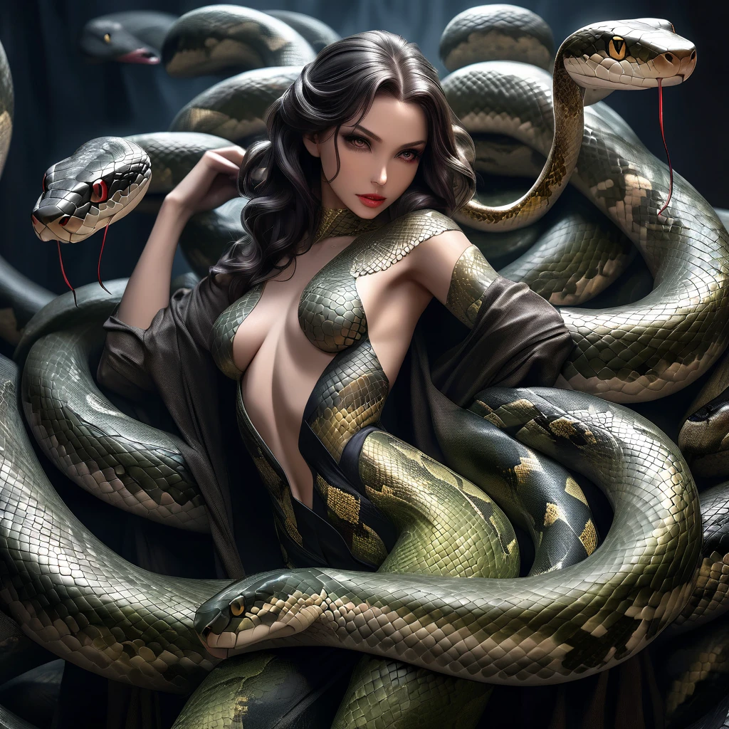 Filha das trevas, garota envolvida por sombras, cobra, sombras