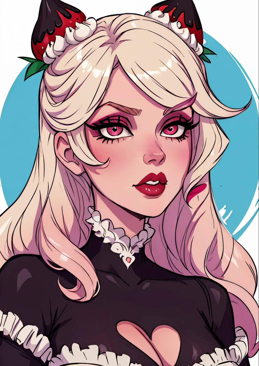 masterpiece, best quality, 1female, beautiful, face portrait, deep makeup, 1girl, face focus, makeup, white hair, eyeliner, exaggerated makeup, very wavy hair, strawberry hair ornament, sugar rush evelynn, Chantilly cream hair, brilliant eyes, sweet, goth