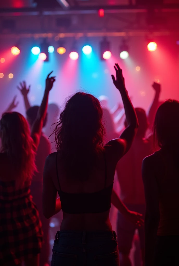 Dance concert poster with crowd and stage music lights fires glow