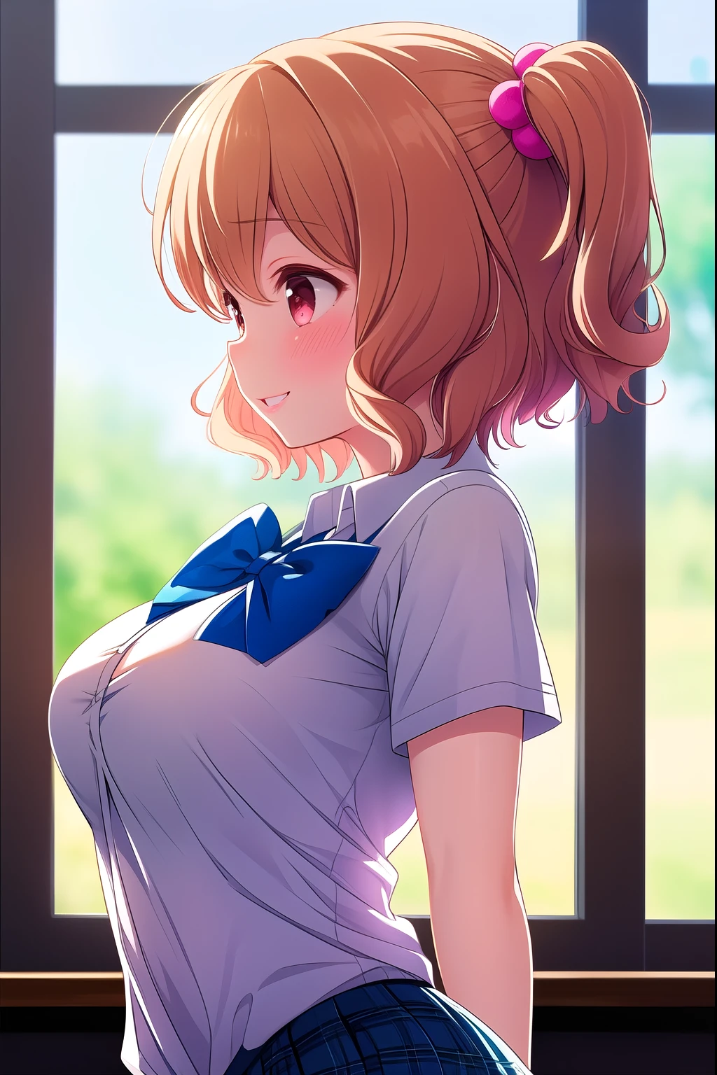 (Masterpiece, best quality), highly detailed background , perfect lighting best quality, ( upper body angle:1.4)、 (Arms behind your back:1.3), Tomura Michiru, Alone, indoor, school classroom, orange hair, One side up, hair bobble, hair between eyes, short hair, red eyes, medium boobs, (Blue Bowtie:1.3), white t-shirts, Short sleeve, BLUE SKIRT , plaid skirt、white thin thighs, ( white knee socks), school uniform, Laughter:1.3,、blush, pink lips