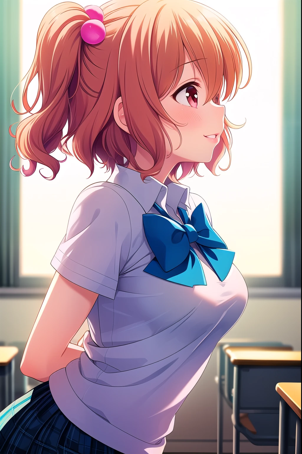 (Masterpiece, best quality), highly detailed background , perfect lighting best quality, ( upper body angle:1.4)、 profile、(Arms behind your back:1.3), Tomura Michiru, Alone, indoor, school classroom, orange hair, One side up, hair bobble, hair between eyes, short hair, red eyes, medium boobs, (Blue Bowtie:1.3), white t-shirts, Short sleeve, BLUE SKIRT , plaid skirt、white thin thighs, ( white knee socks), school uniform, Laughter:1.3,、blush, pink lips