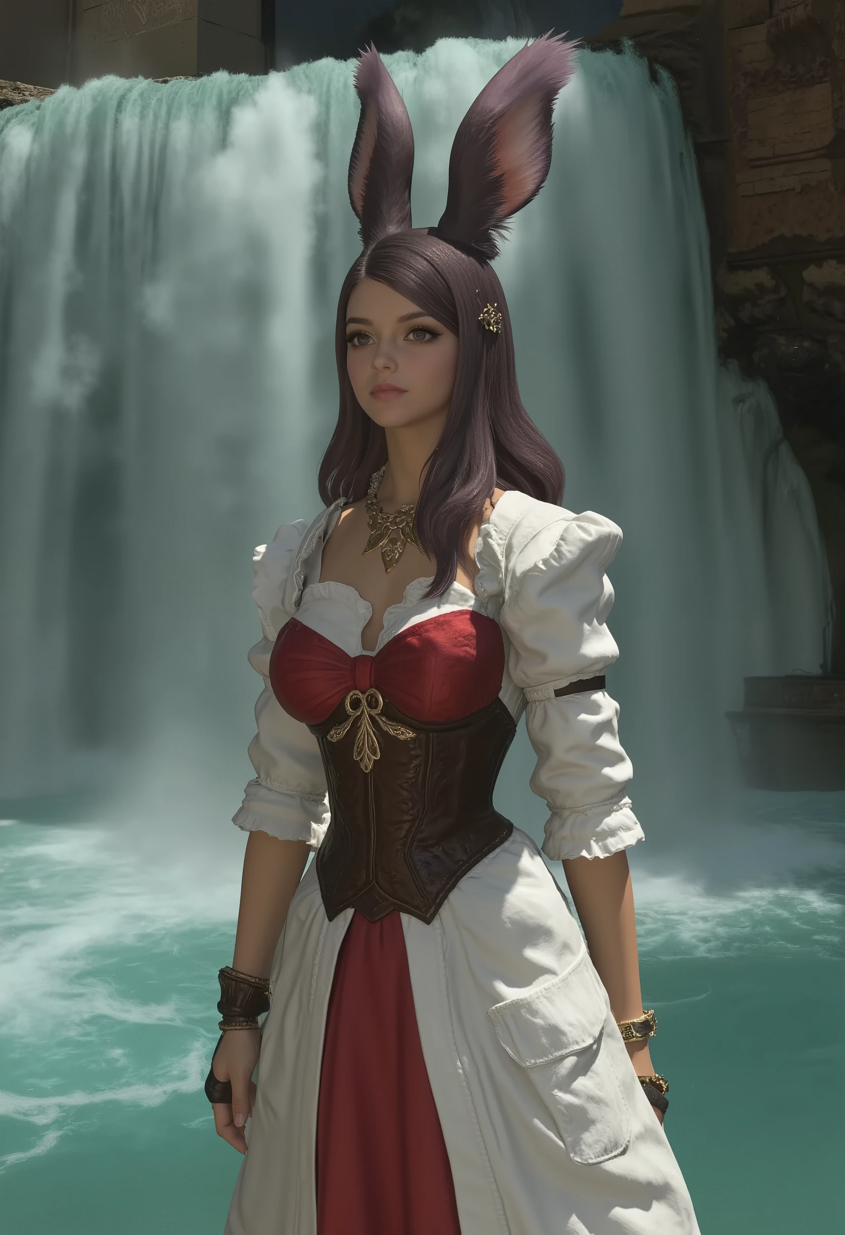 Close to a crystal clear, cold waterfall、 A beautiful girl is happily bathing near a crystal clear waterfall, Viera Veena, pink skin 、 blue eyes、 black hair、 Detailed Color、 Details Entities 、 wet skin, sparkling skin , Pure , Sparkling, Realistic model、nude, naked, (nudity:2.0), ( Big Breasts :1.2), (lift 、Full Breasts :1.2), (Will lift my chest :1.2), ( Perky Breasts :1.2),( deep cleavage :1.4), Highly Detailed Natural Scenery 、CGI 8K resolution 、Sparkling Skin 、Big Breasts、 deep cleavage