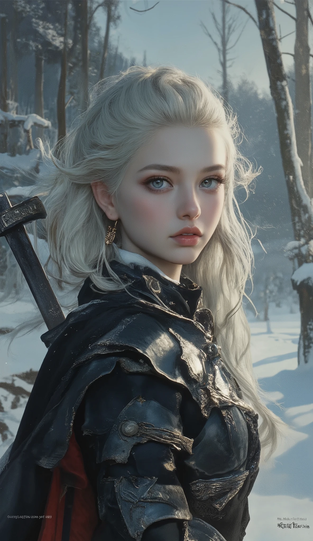 1 A fierce Viking warrior woman with stunning blue eyes and platinum blonde hair, Standing in a Scandinavian winter forest , ultra detailed 8k highly realistic photo , dramatic lighting, film composition , Epic fantasy scene