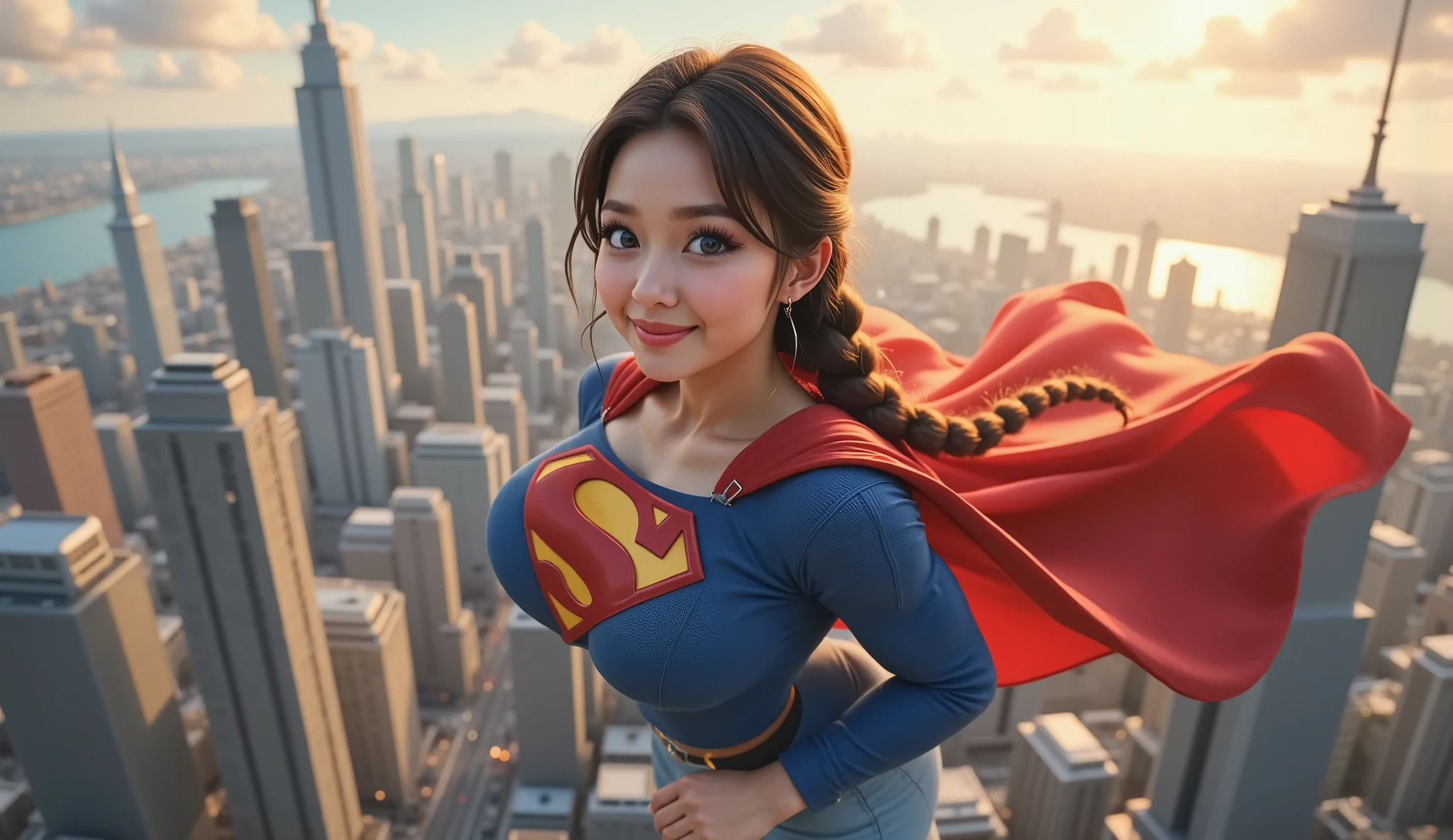 (LIGHT BLUE EYES) FLYING/LEVITATING SCENE ABOVE THE CITY. SUNNY DAY, SUN RAYS REFLECTING OFF OF HER. A FULL VIEW OF A BLUE EYED, CUTE, MATURE KOREAN/CHINESE GIRL, SLIM PETITE BODY, AS SUPERMAN WEARING A BLUE CORDUROY SUPERMAN SUIT AND RED CAPE. 4K, 8K 4K SUN, 4K SKIN PORES, 4K HIGH RESOLUTION, SHARP CRYSTAL CLEAR IMAGE, PROUDLY WEARING THE 'S" ON HER SUPERMAN SUIT. 3D STYLE. VERY LONG BLACK AND SILVER BRAIDED PONY TAIL. BILLIONS OF INTRECATE 4K DETAILS. 3D CORDUROY ENHANCED SUPERMAN SUIT AND CAPE. GORGEOUS FULL SMILE.