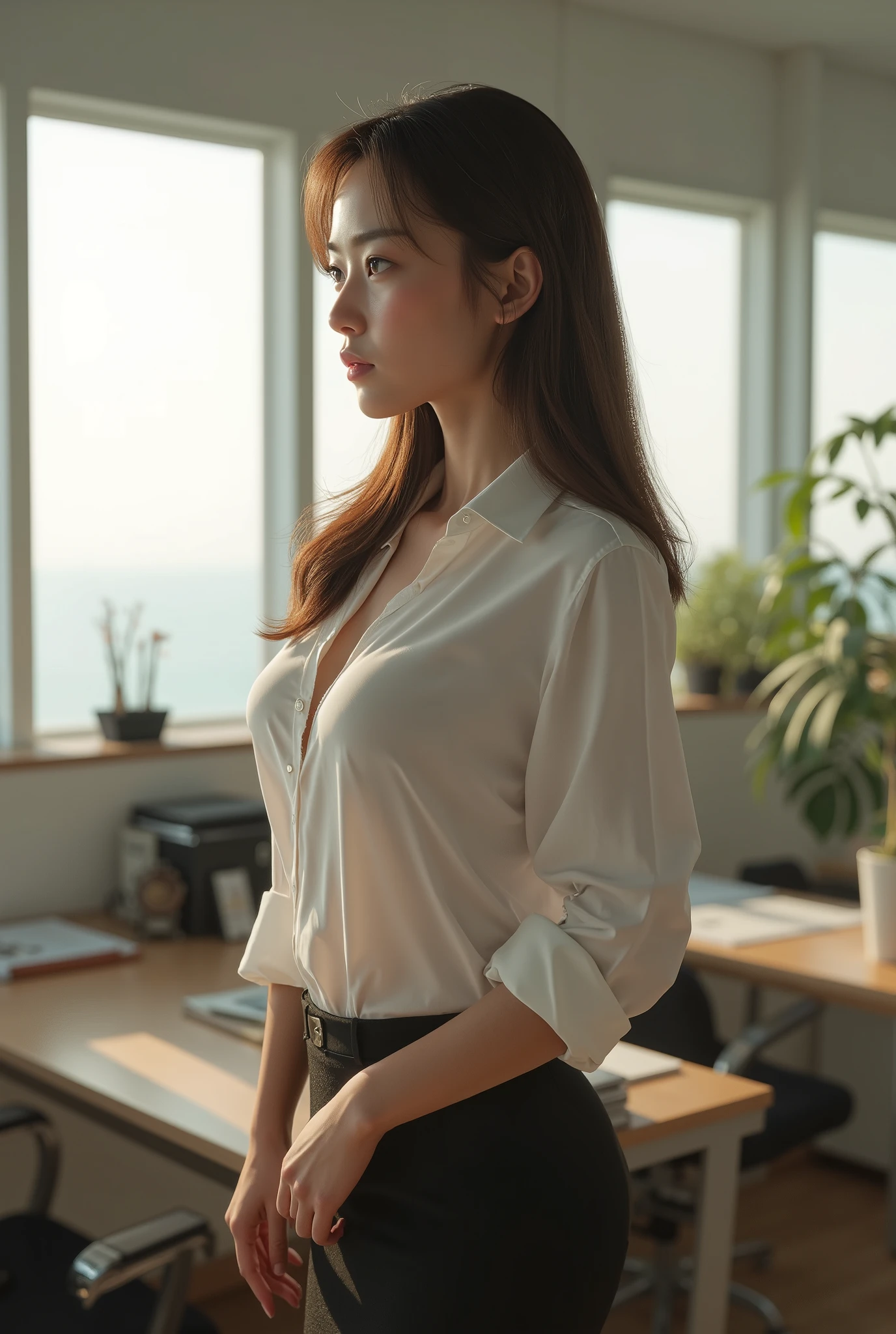 uma mulher, brown hair, olhos castanhos, Corpo em forma, cabelos longos, cabelo partido no meio, Cabelos lisos, de terno, in an office, office outfit, corpo detalhado, Olhos detalhados, master part, best quality, alta qualidade, RAW Camera, Realistic, pessoa real, korean