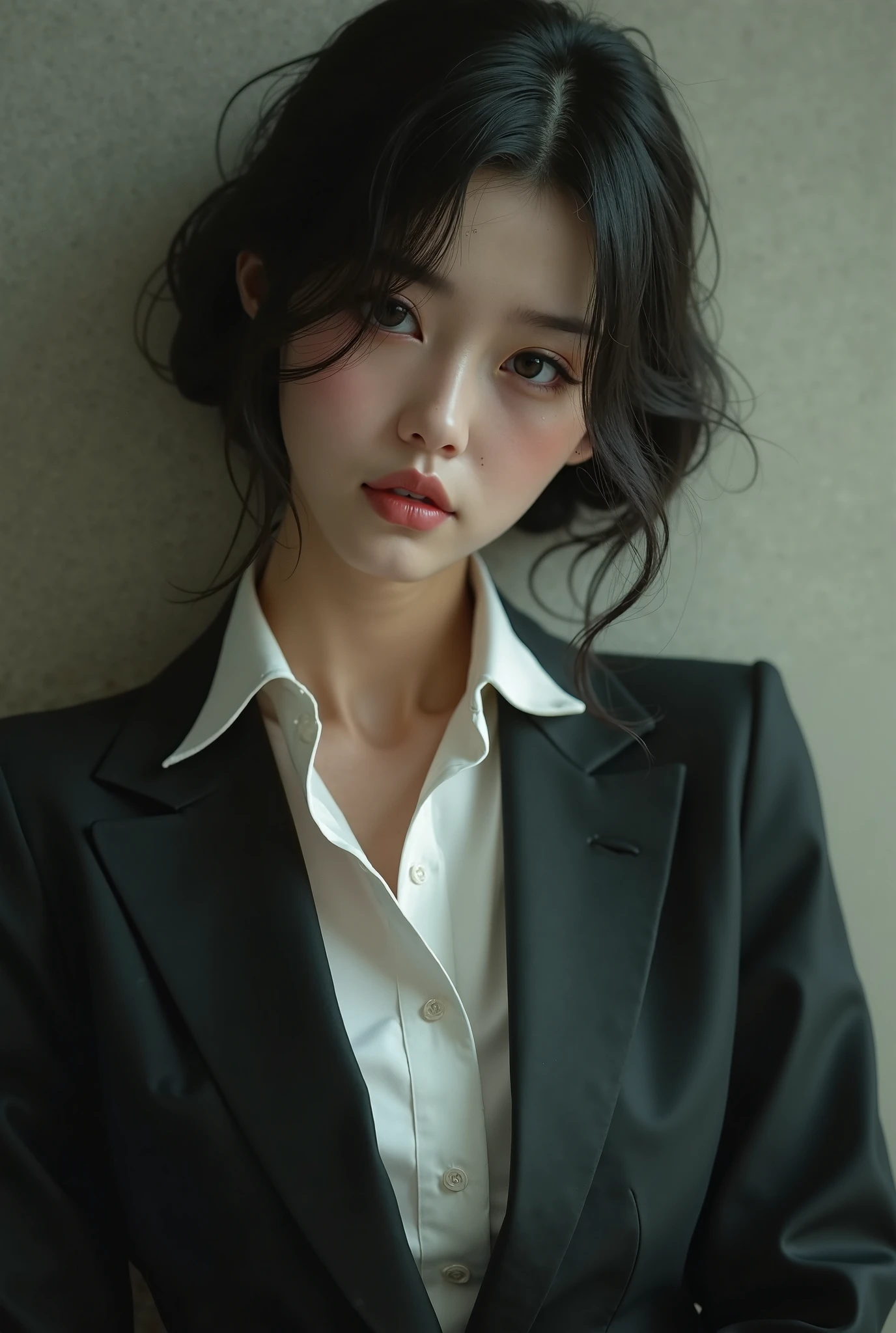 Arafed woman in a black suit leaning against a wall - SeaArt AI