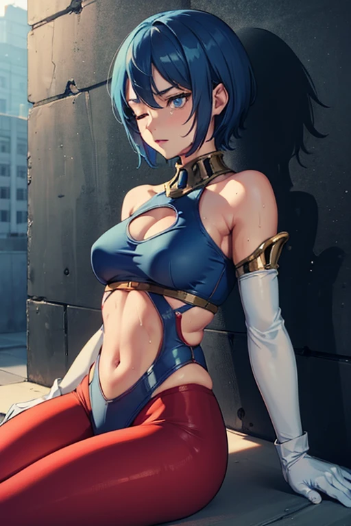 POV (The viewer is being held down by a muscular girl by the neck), her expression is that of extreme mad, she is pressing her knee to the viewers crotch really hard, SPH, squishing.