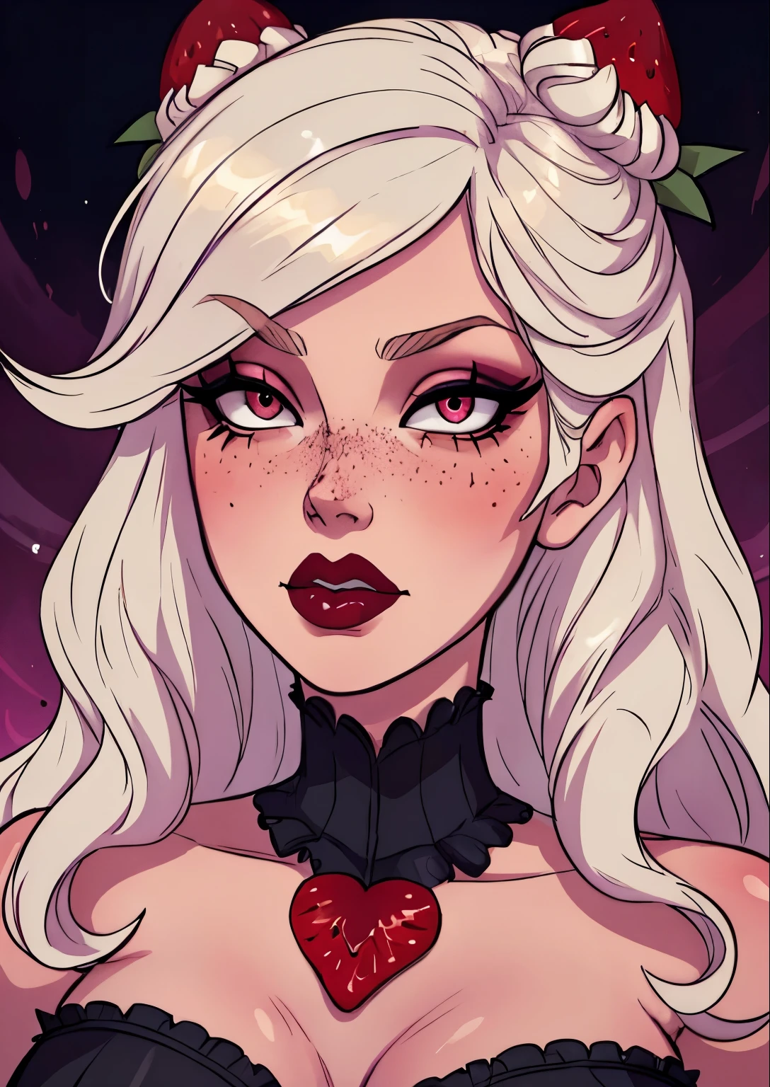 masterpiece, best quality, 1female, beautiful, face portrait, deep makeup, 1girl, face focus, makeup, white hair, eyeliner, exaggerated makeup, very wavy hair, strawberry hair ornament, sugar rush evelynn, Chantilly cream hair, brilliant eyes, sweet, goth, freckles