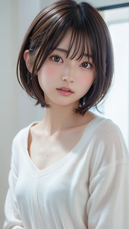 (8k, Photorealistic, RAW Photos, Best image quality: 1.4), Japanese girl、Short Bob、Super detailed face、Eye on the details、double eyelid、Sharp focus:1.2、Beautiful woman:1.4、Light brown hair、Highest quality、masterpiece、Ultra-high resolution、(Photorealistic:1.4)、Highly detailed and professionally lit smiles、(OversizedTshirt:1.5)、blush、Open your mouth a little、Watery eye、amount、erect nipples