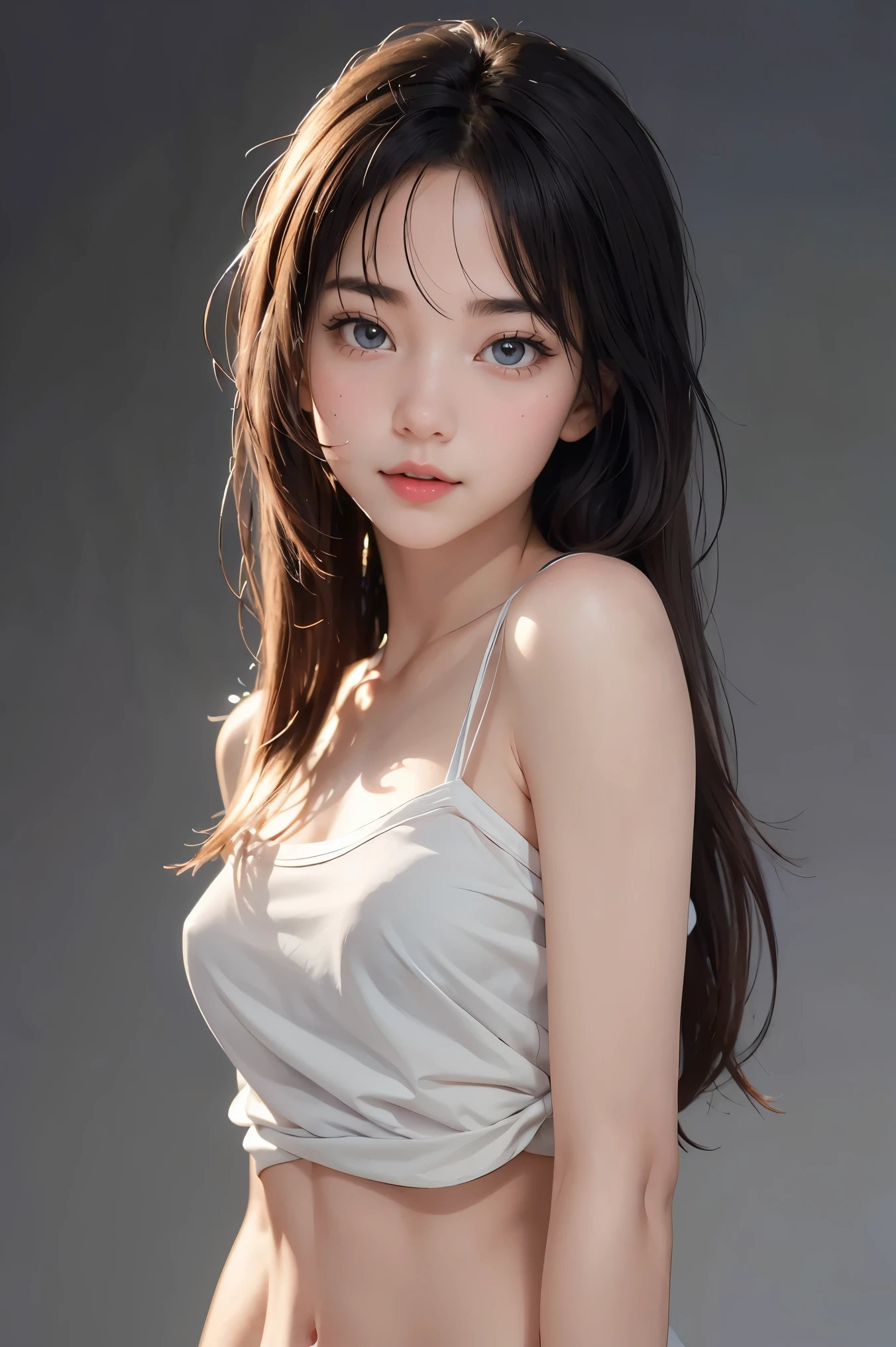 1girl, long hair, White top, (isolated on dark-grey background:1.2), from front, standing, (soft lighting:1.2), shot on Canon EOS 5D, BREAK
(upper body:1.2), , best quality, ultra high res, (photorealistic:1.4), masterpiece, real life skin, hyper real, perspective, detailed beautiful eyes and detailed face,