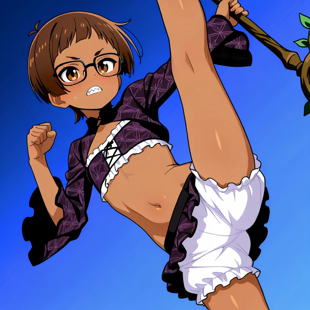 fujisakimika, 1girl, solo,short hair, brown hair, brown eyes, glasses,  smile, happy,
1990s (style), breasts,
masterpiece, high quality, very_high_resolution, large_filesize, full color, masterpiece, expensive quality, very_expensive_solve, big_file size, full color,(completely nude:1.2),pussy,niplles,(),flat chest,room,(toddler:4),