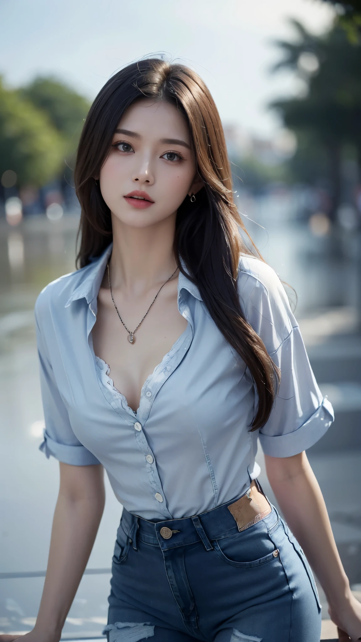 best quality, masterpiece, (photorealistic:1.4), 1girl, light smile, shirt with collars, waist up, dramatic lighting, from below, without clothes